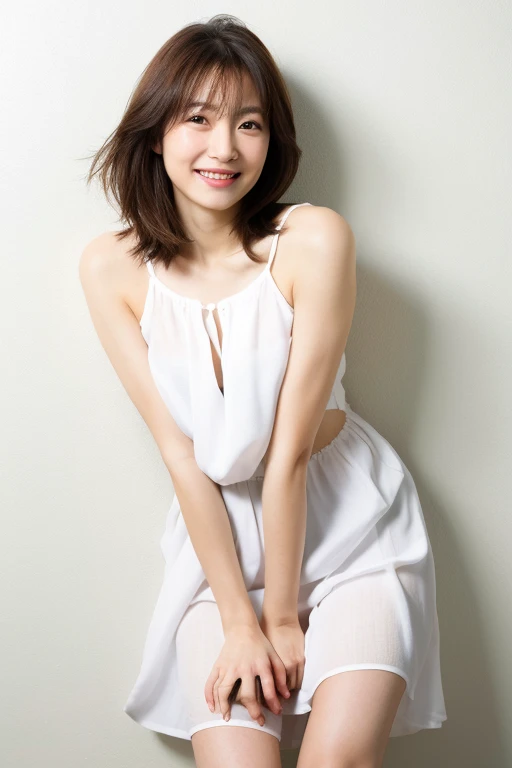 Authentic, highest quality, high resolution, natural skin, portrait, Japanese woman, regular woman, smile, mature woman, in front of a white wall, from the knees up