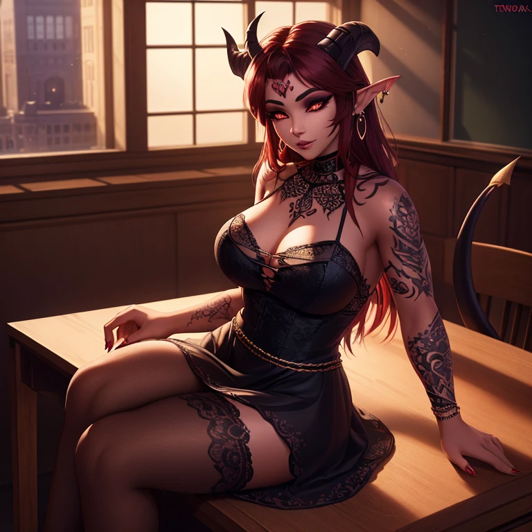 attractive 25 year old woman, earrings, tattoos, succubus, gorgeous, heavy makeup, Lacy dress, horns, tail, sitting on desk, in classroom (masterpiece, high resolution, ultra realistic, beautiful lighting, 4K, 8k, highly detailed)