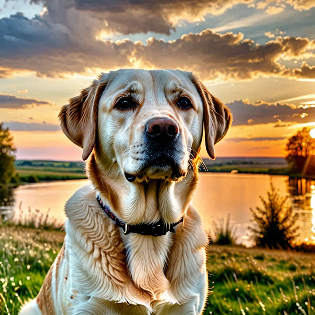 ((HD, 8k)) (Cinematic, dramatic lighting, focus, sharp round focus) Labrador Dog with Beautiful Coat, Realistic, Looking Towards the Horizon with Its Face to the Right, Expressive Eyes, Cheerful Expression Dramatic, Inspiring Effect, Landscape Background, Clouds in the Sky, Sunset, Beautiful Sunset, Semi Night Sky, Stars in the Ciello