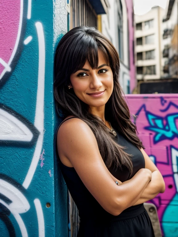 Close-Up, fisheye, (Karla Jaeger with a playful smirk, tousled hair), vibrant neon light, (leaning against a graffiti-covered wall, urban skyline backdrop), (24mm lens, Sony Alpha 7S III, edgy details, professional, street photography, trending on Flickr), by Bruce Gilden and Martin Parr and Diane Arbus