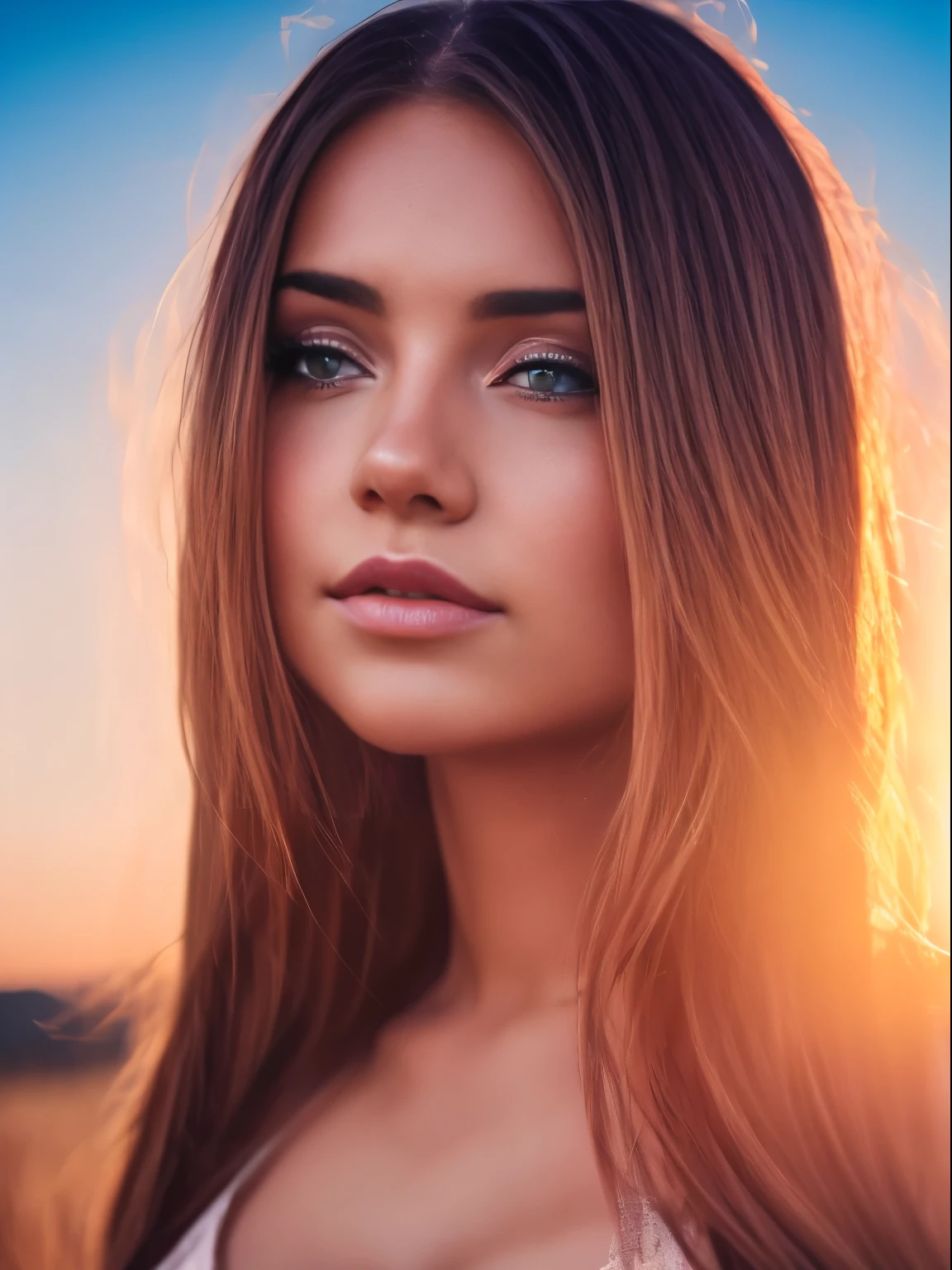 a girl,enjoying a sunset,digital,beautiful detailed eyes,beautiful detailed lips,longeyelashes,blonde hair flowing in the wind,warm color tone,soft lighting,nature background, perfect body, happy