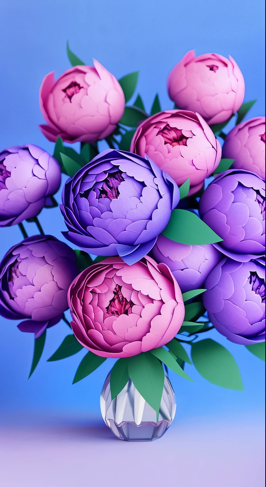 Lots of pink and purple peony flowers, Blue background, Very detailed, Surreal, 3D, Octane Rendering, Bright colors, Digital Painting, Art Station Trends, Sharp focus,