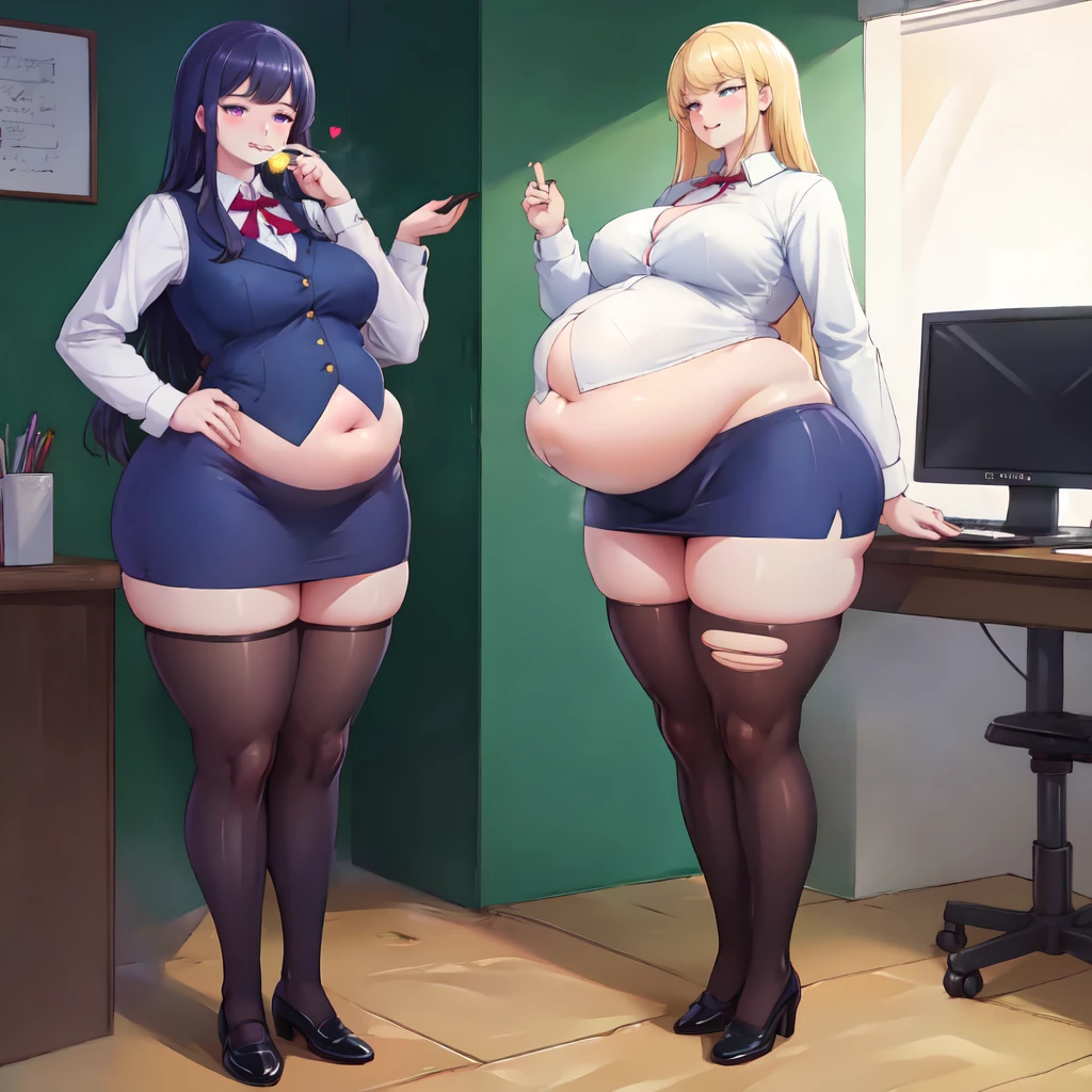 High quality, best quality, wallpaper, full body photo of a beautiful sexy motherly secretary wearing extremely skimpy short skirt and seamed stockings, standing exactly, ((solo)), adult, in the office, high heels, craves sex, horny, steamy, massive bloated stuffed bulging heavy obese belly, tight clothes, long hair, overflowing from clothes, visible panties, she’s binge eating, extreme weight gain, revealing skirt, massive fat breasts, wide fat hips, deep navel, strained shirt buttons, cameltoe, massive fat round wide heart shaped bubble butt, she’s fallen in love with you, beautiful face, stunning eyes, luscious long hair, heart warming smile, high clarity, clear face, her coworkers are making her fatter, popped shirt buttons, ripped skirt, too fat for her clothes, skin tight clothes, clothes two sizes too small,
