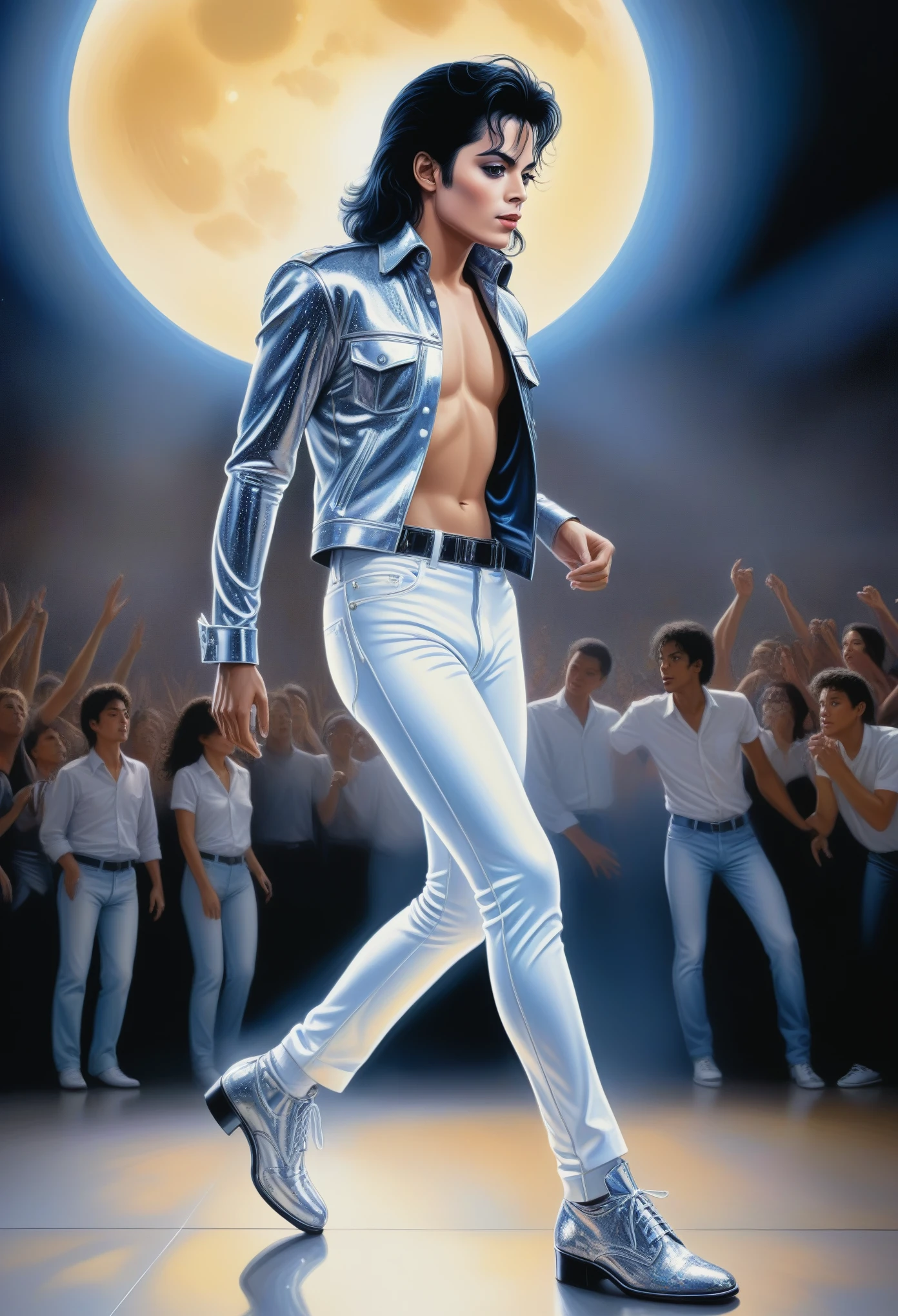 describe standing amongst thousands of people watching michael jackson do the moonwalk live in concert, breathtaking uhd visuals, perfectly centred, neo-expressionist oil paint, centred, posing portrait by hajime sorayama