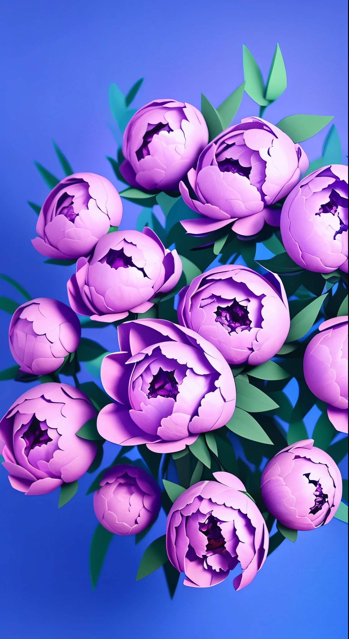 Lots of pink and purple peony flowers, Blue background, Very detailed, Surreal, 3D, Octane Rendering, Bright colors, Digital Painting, Art Station Trends, Sharp focus,