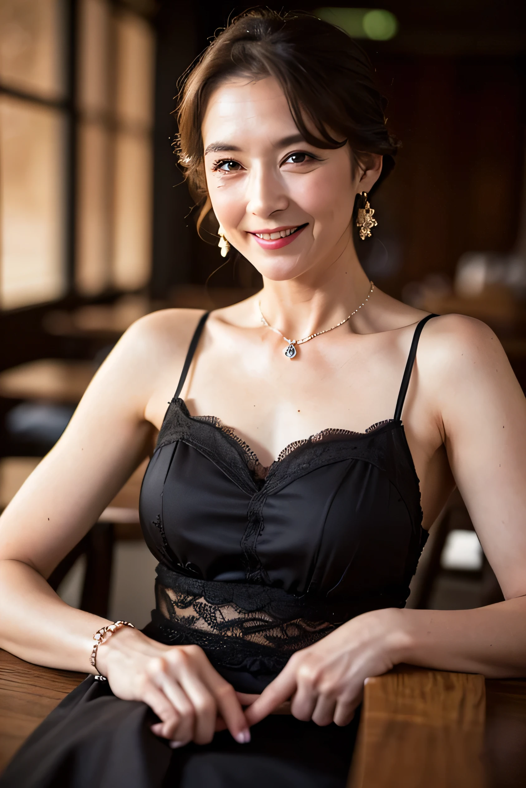 (Tabletop:1.4), High resolution,(high quality:1.4),(60-year-old woman:1.4),(Facial wrinkles:1.4),Beautiful woman,(Night Dress:1.4),chest,smile,Sally Dress