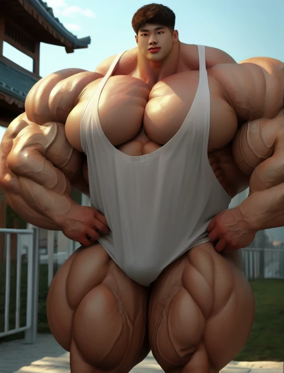 1 korean boy, giant, model shoot style, looking at viewer, standing, illuminating light, golden hour, outdoor, strong body, bulk, large size, standing, at the meadows, white triangular underwear, prominent bulge, big, brutalmass, giant, muscular body, bulk, massive body, large meaty body size