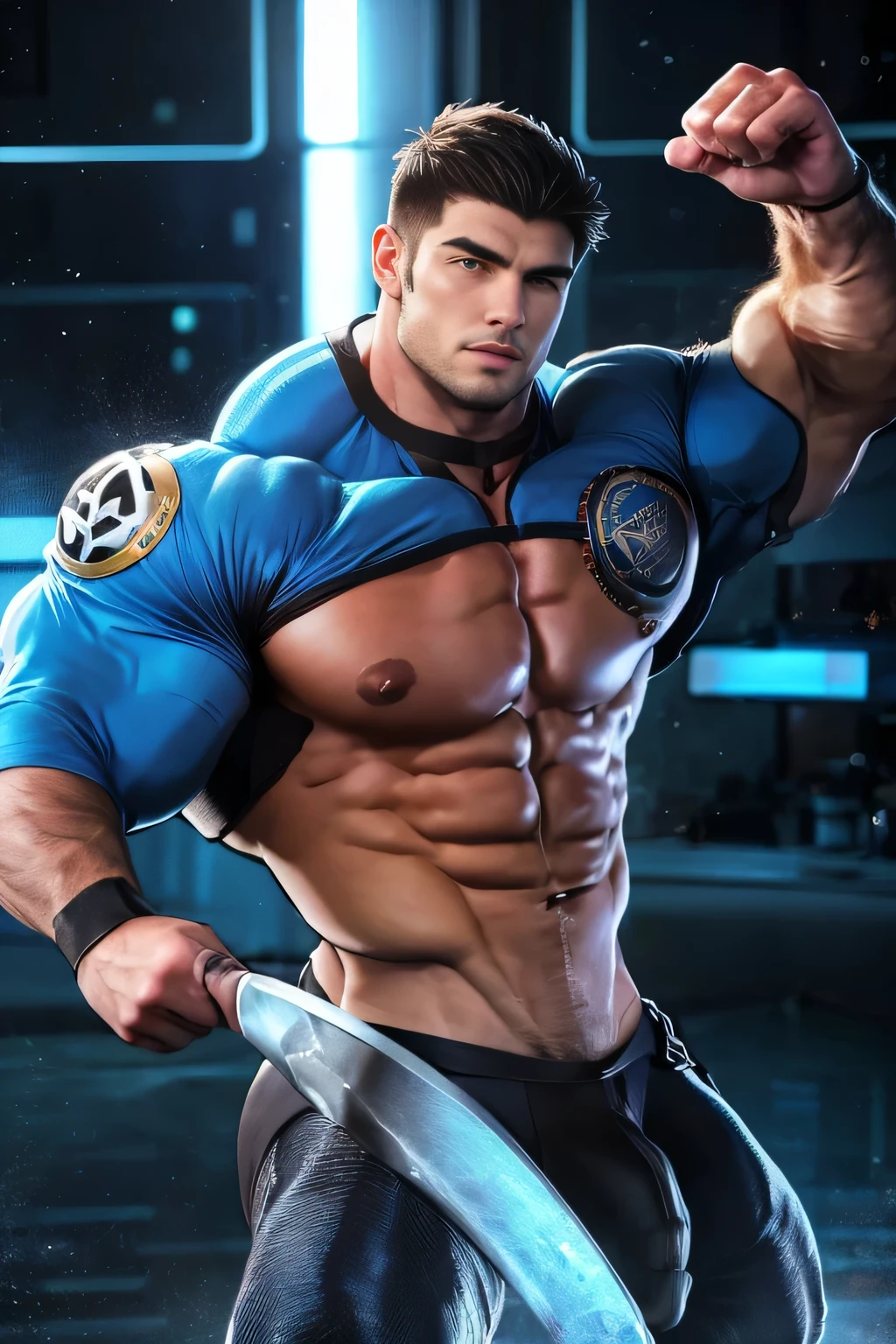 Un rey sentado sobre un trono de hielo, (piel palida), Pelo blanco con mechones azules, pelo corto, atletic body, ((hombre joven)), sin Camisa,(( sin vello facial)), alluring facial expression, Luz ambiental fria, Obra maestra , Perfect anatomy, color perfecto todo el cuerpo), Detallado,Sin zapatos.