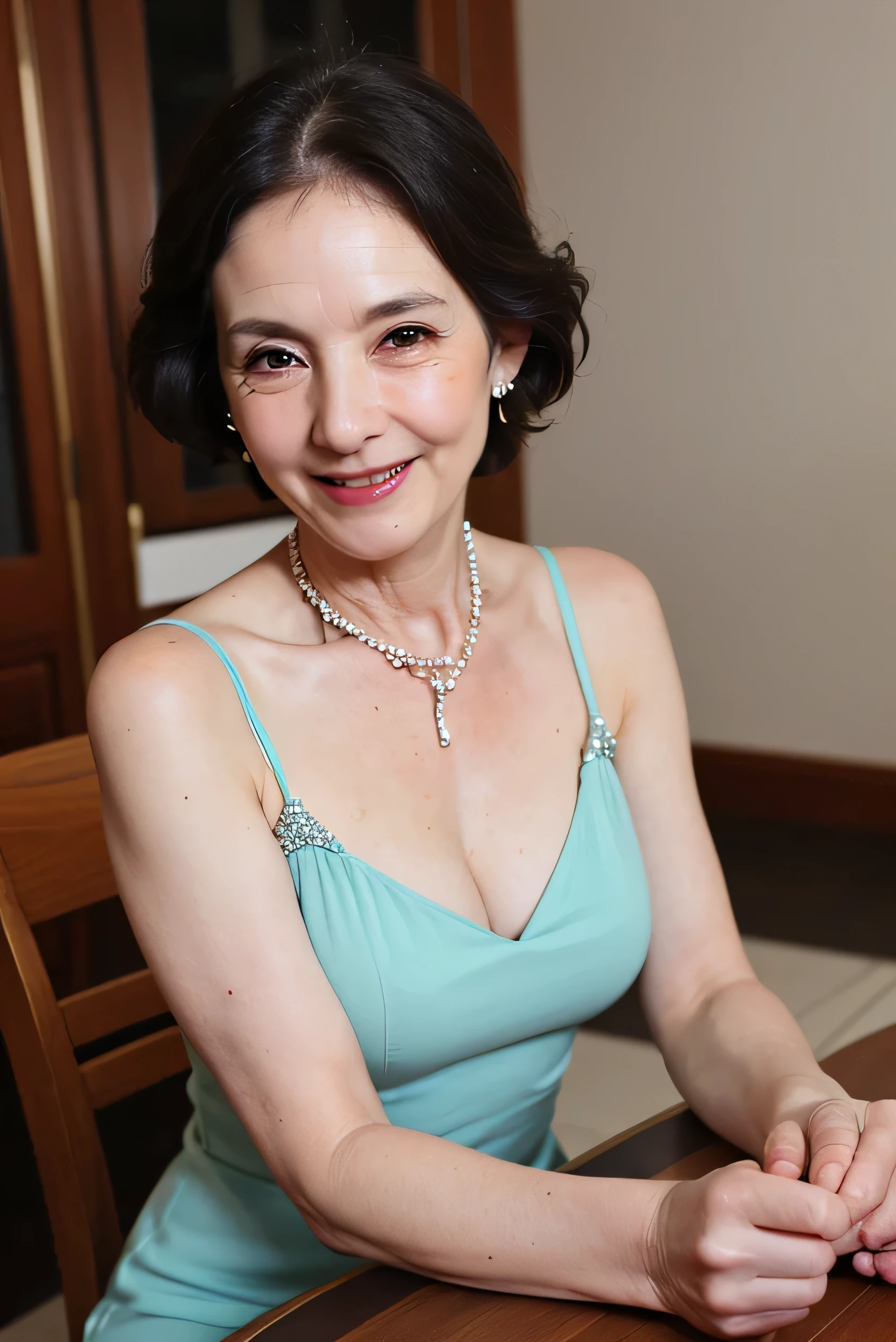 (Tabletop:1.4), High resolution,(high quality:1.4),(60-year-old woman:1.4),(Facial wrinkles:1.4),Beautiful woman,(Night Dress:1.4),chest,smile,Sally Dress