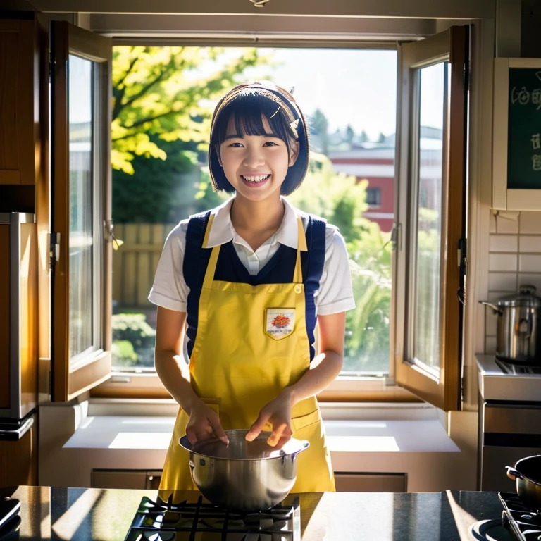 Smiling Japanese high school student、Wear an apron、Wearing a blazer uniform、Bob Hair、hair band、Preparing breakfast in the kitchen、Cutting ingredients using a knife、The sun is shining through the window beside me((highest quality)),(超A high resolution),(Ultra-detailed),(,Sharpness,Claire,The art of astonishing depiction, (high school girl:1.3), ,Laughter,