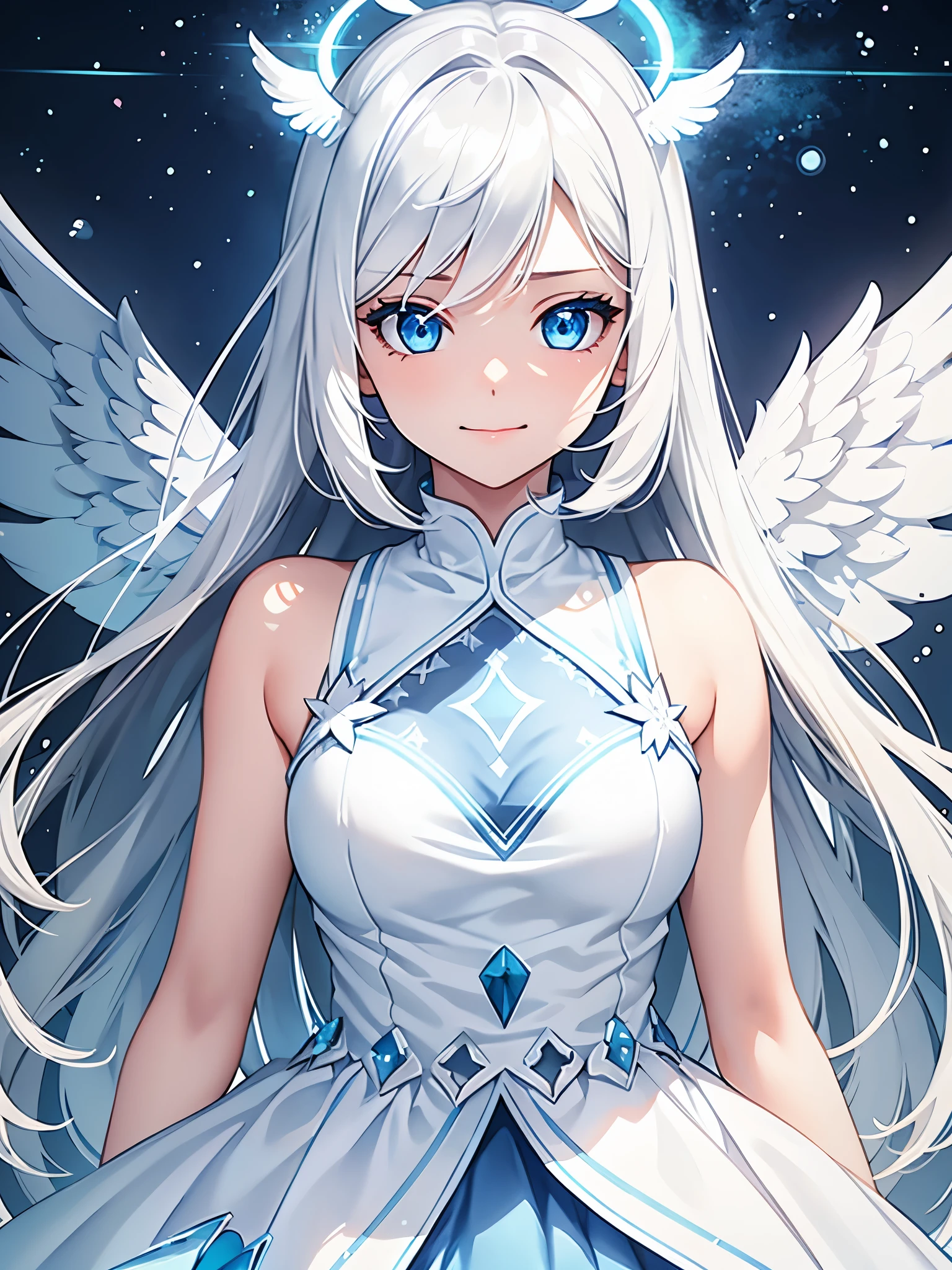 1girl, long white hair, light blue eyes, wearing white dress with blue finishes, cute face, full body, blue halo, angel wings, grey skin, laugh