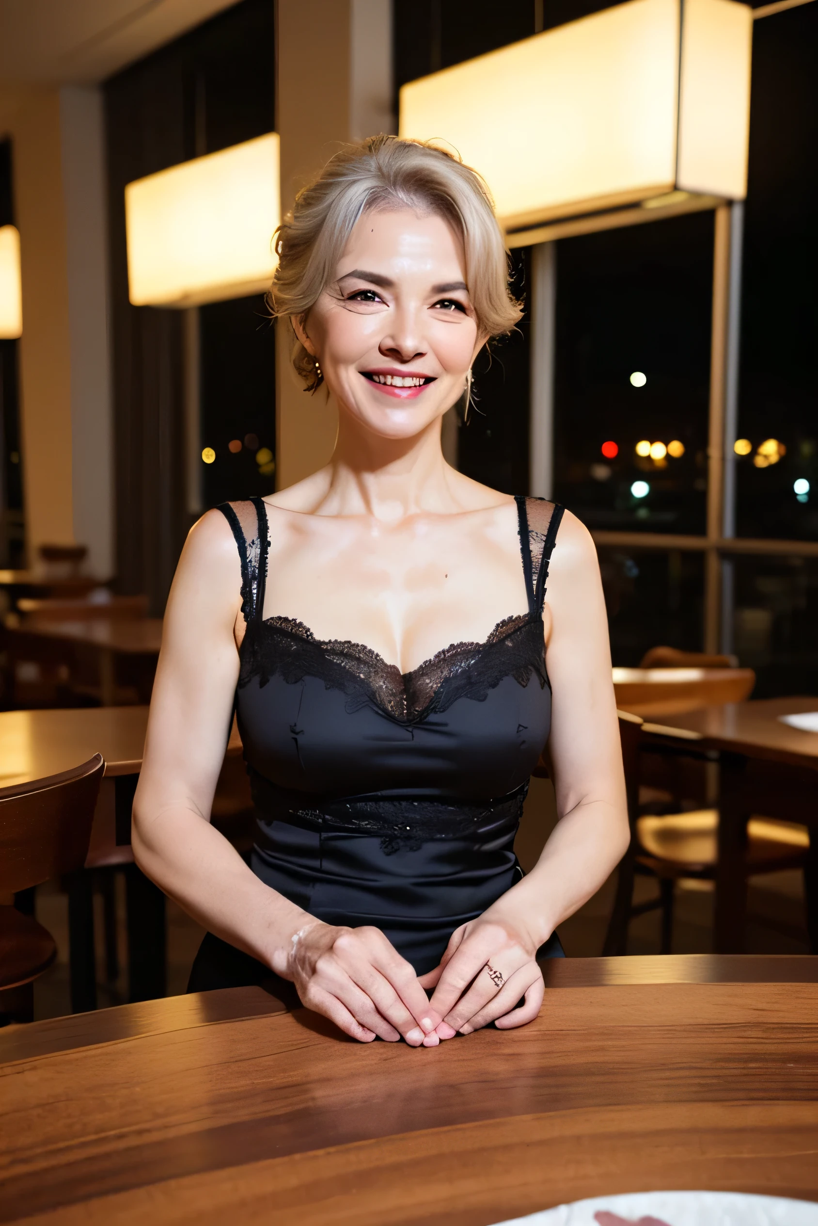 (Tabletop:1.4), High resolution,(high quality:1.4),(60-year-old woman:1.4),(Facial wrinkles:1.4),Beautiful woman,(Night Dress:1.4),chest,smile,Sally Dress