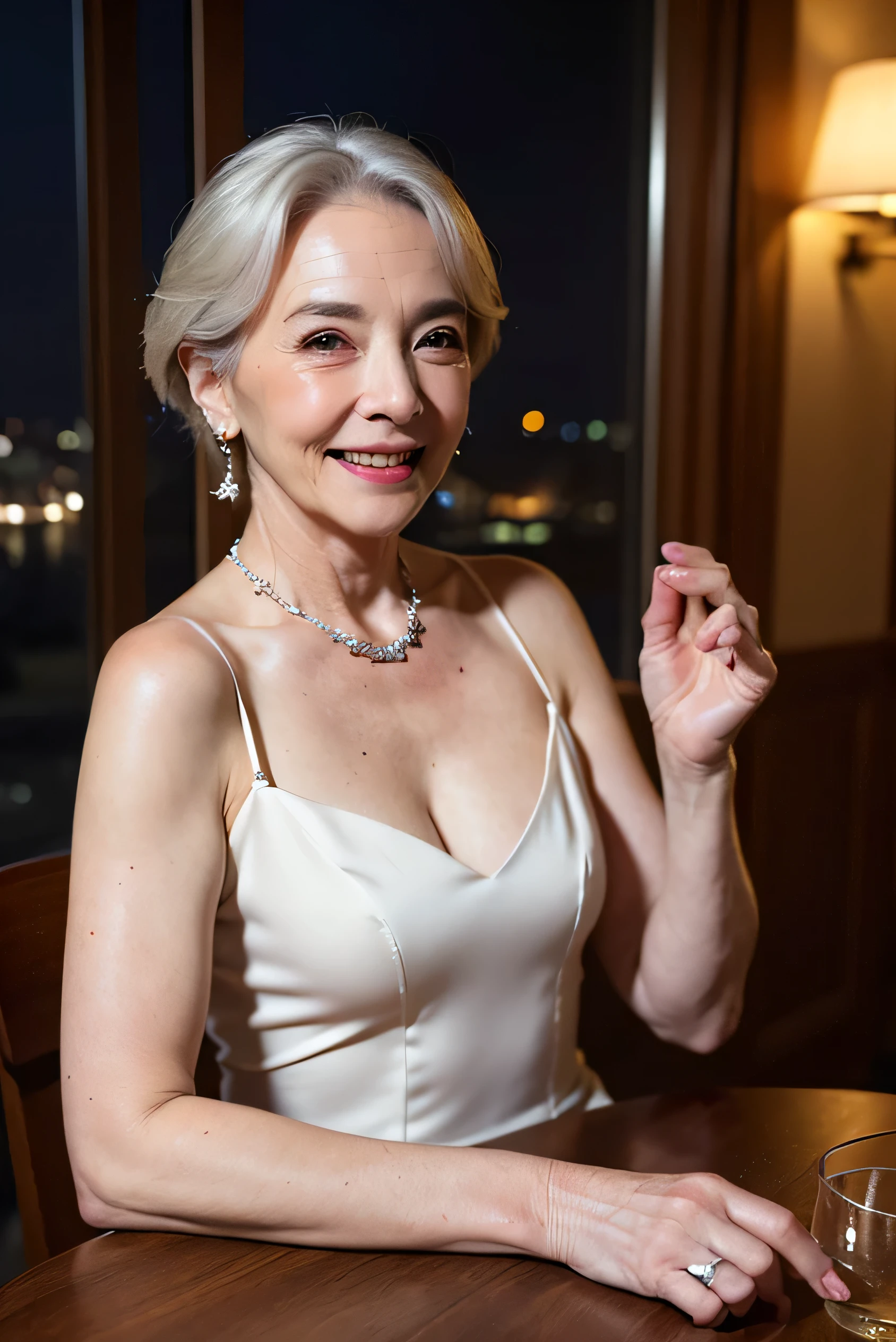 (Tabletop:1.4), High resolution,(high quality:1.4),(60-year-old woman:1.4),(Facial wrinkles:1.4),Beautiful woman,(Night Dress:1.4),chest,smile,Sally Dress