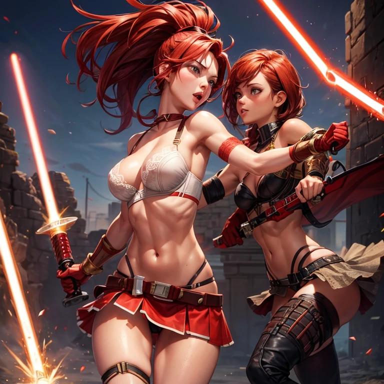 Sexy Female gladiator, red hair, tannned skin, skinny, welding lightsaber, lace mini skirt and bra, fighting twin