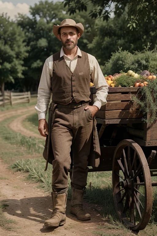 I want a man dressed as a 19th century farm foreman standing next to a cart and horse...the horse is tied to the cart and the man carries a basket of fruit in his hands