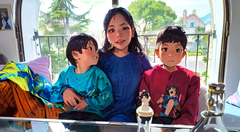 there are two children sitting on a couch with a woman, kid, photo taken with sony a7r camera, professional, profile image, portait image, portrait image, photo portrait, family friendly, kids, exclusive, avatar image, by Siona Shimshi, husband wife and son, photo taken with nikon d750