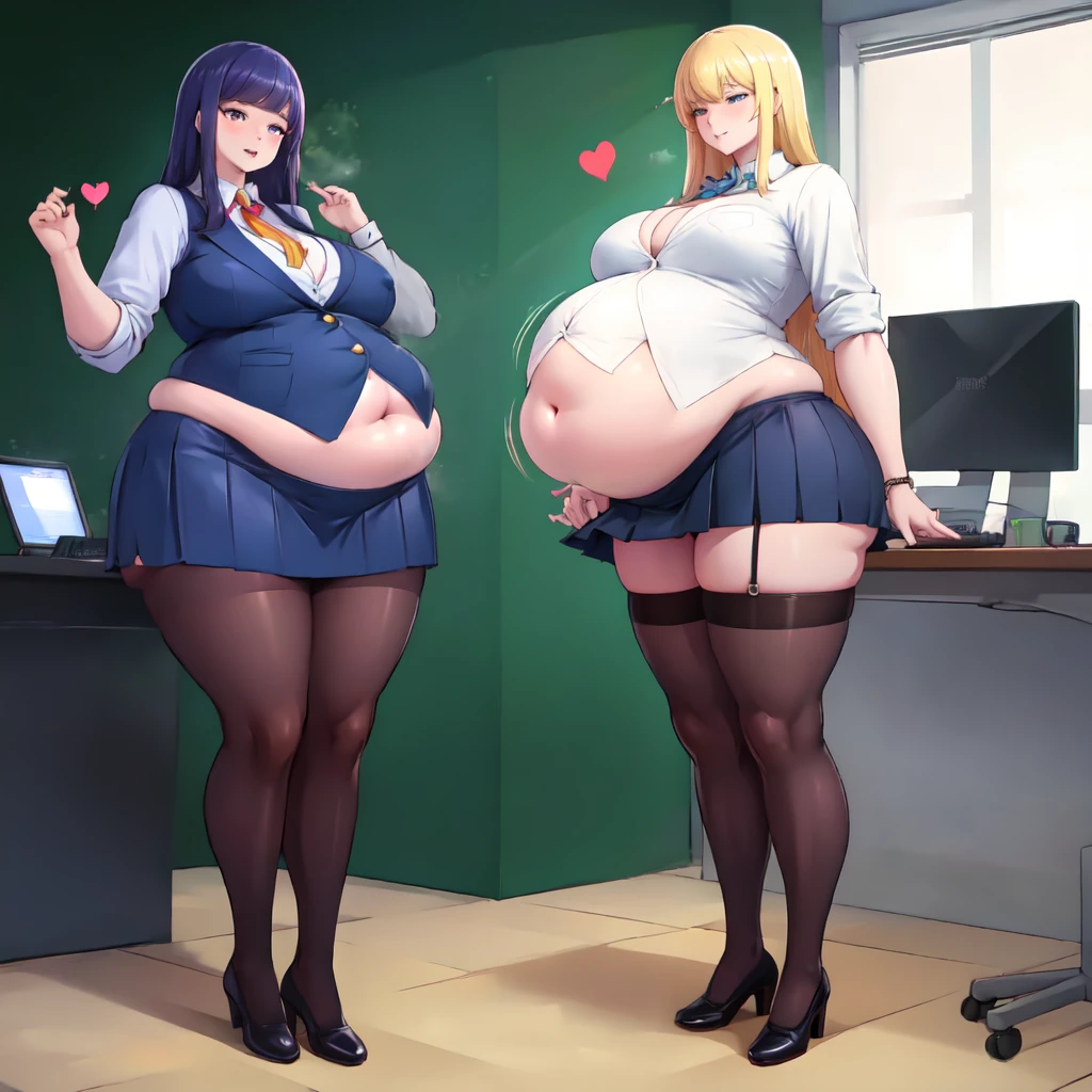 High quality, best quality, wallpaper, full body photo of a beautiful sexy motherly secretary wearing extremely skimpy short skirt and seamed stockings, standing exactly, ((solo)), adult, in the office, high heels, craves sex, horny, steamy, massive bloated stuffed bulging heavy obese belly, tight clothes, long hair, overflowing from clothes, visible panties, she’s binge eating, extreme weight gain, revealing skirt, massive fat breasts, wide fat hips, deep navel, strained shirt buttons, cameltoe, massive fat round wide heart shaped bubble butt, she’s fallen in love with you, beautiful face, stunning eyes, luscious long hair, heart warming smile, high clarity, clear face, her coworkers are making her fatter, popped shirt buttons, ripped skirt, too fat for her clothes, skin tight clothes, clothes two sizes too small, wardrobe failure,