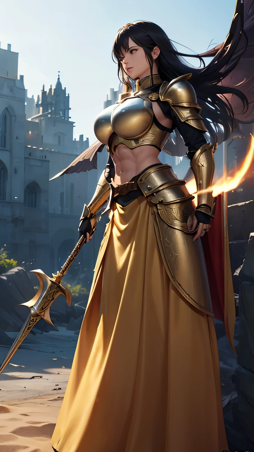 ((Toned Abs)), 8k, Ultra high definition, Mask Pieces, highest quality, (Very detailed), Dynamic Angle, Mysterious look, Wind-effect, Fantasy background, Rim Light, Cinema Lighting, Ultra-high resolution, 8k UHD, Film Grain, Better Shadows, kind, born, Light Particles, Detailed skin texture, Detailed Armor Textures, Detailed face, Complex詳細, Very detailed, bright, strong, Golden Armor, (Gripping the hammer), Slashing, Crushing Action, Shoulder rest, Long Cape, Fantasy, (Realistic), Pauldrons, Complex, Complex, Perfect lighting, Audience, Cinema Lighting, flight Keywords: flight, Holy Light, Vibrant, bangs, Wind, Paladin,(((Long skirt)))、(((breastplate)))、