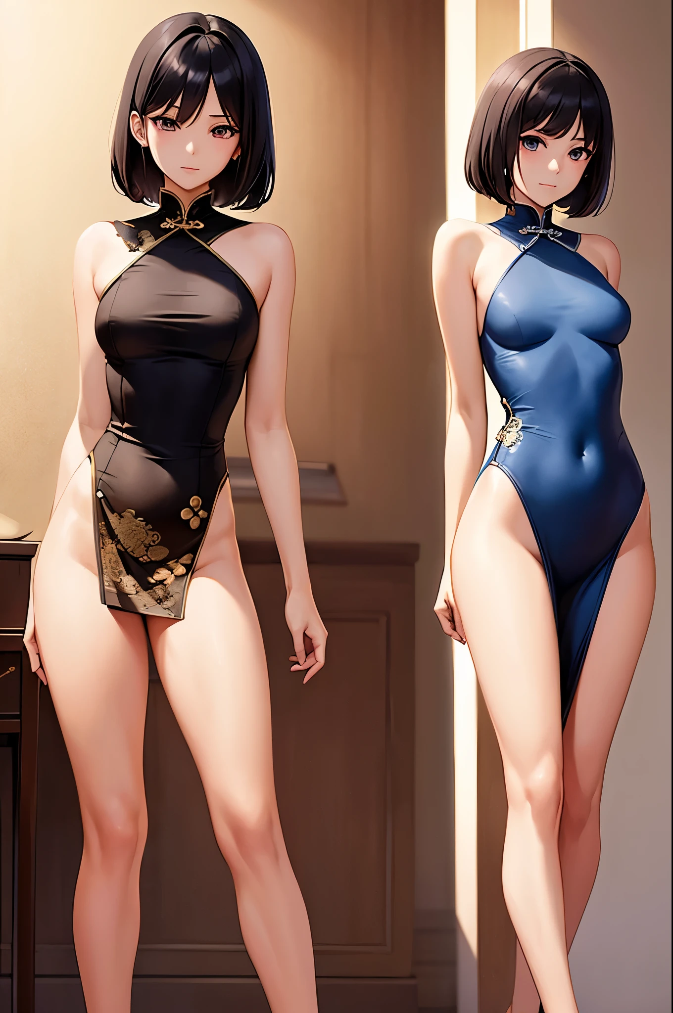 a sexy woman, (best quality), (masterpiece), (1girl), slim, anime, (flat chested), (chinese dress), (standing), (protrait), (naked legs)