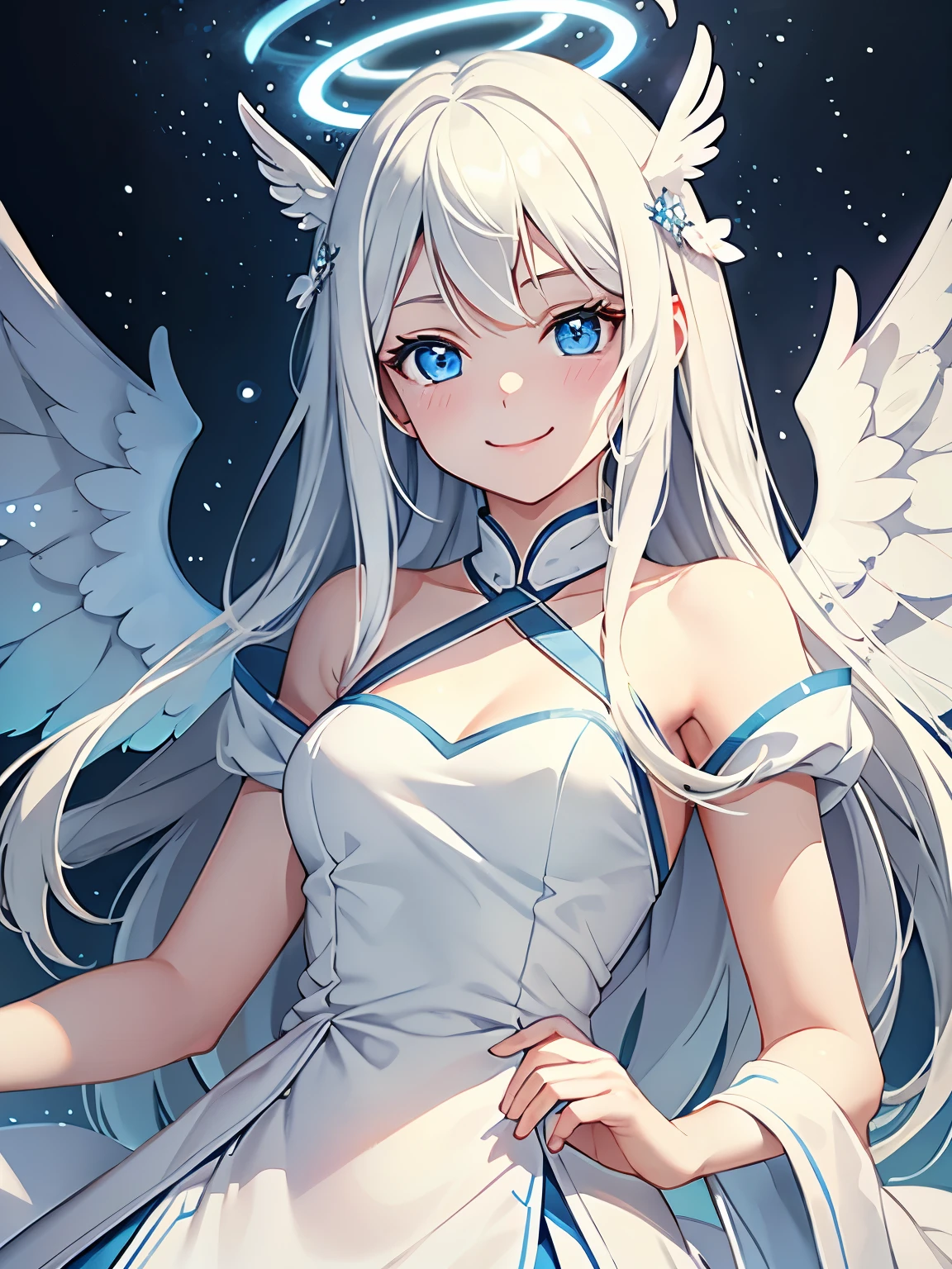 1girl, long white hair, light blue eyes, wearing white dress with blue finishes, cute face, smile, full body, blue halo, angel wings, grey skin,
