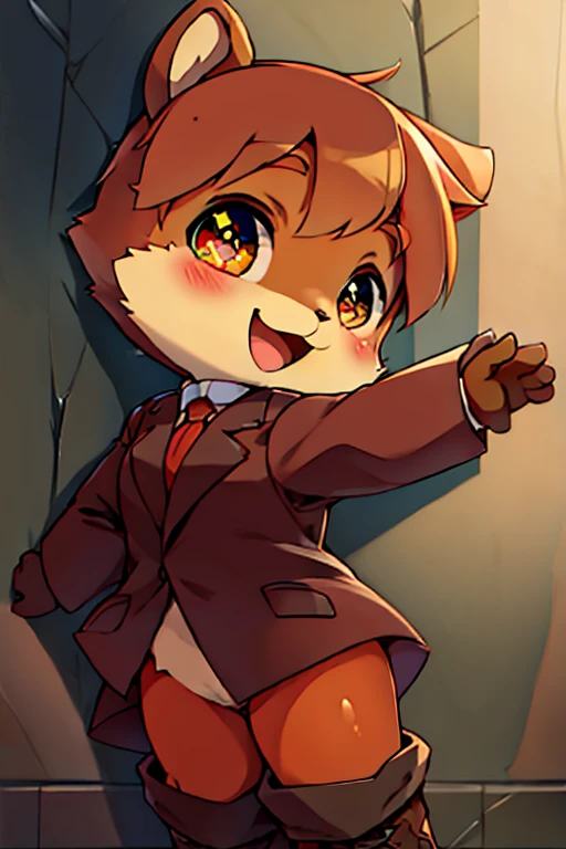 boy, squirrel, furry, bodyfur, blazer, bottomless, gloves, boots, chibi, happy, sparkling eyes, from behind, standing, against wall, facing away, outstretched hand, looking back, color tights