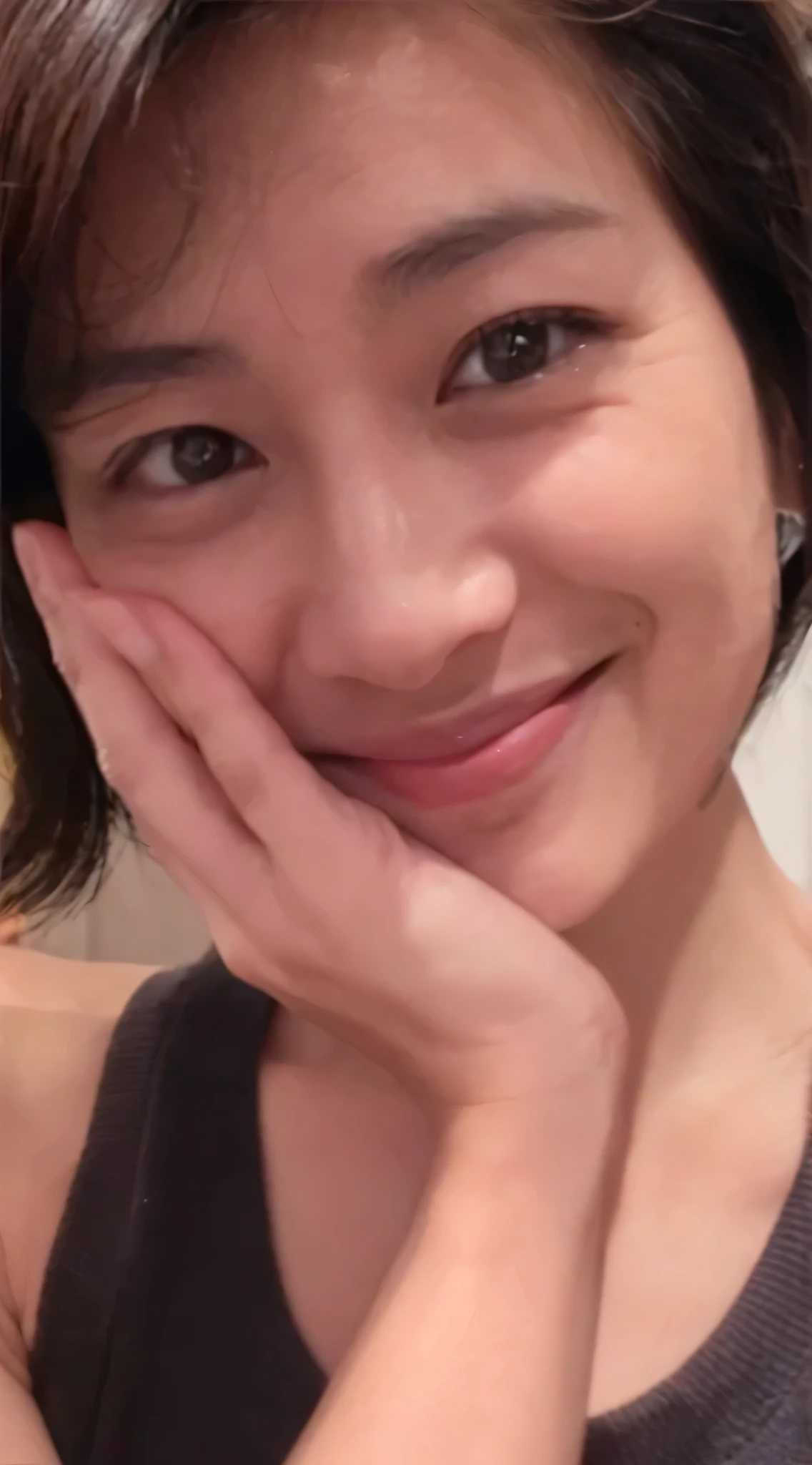A 40-year-old Japanese woman is smiling and resting her chin on her hand,Raw photo, 最high quality), (Realistic, photo-Realistic:1.2), 1 Girl, high quality, (High definition skin:1.4), Puffy eyes, Gorgeous Hair,  (Dark Room:1.3), (Rim lighting:1.3), (It&#39;s dim:1.3), (Dark Night:1.3), Indoors,, Black Hair, Dark Background, short hair,