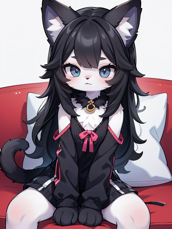 Little furry cat teenage girl, black fur, black long hair on head, white paws, white chin, sitting on the couch