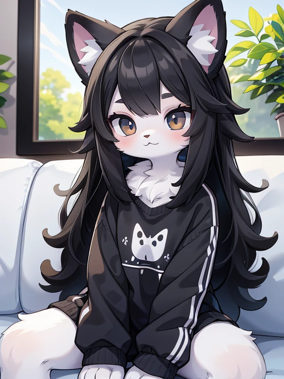 Little furry cat teenage girl, black fur, black long hair on head, white paws, white chin, sitting on the couch
