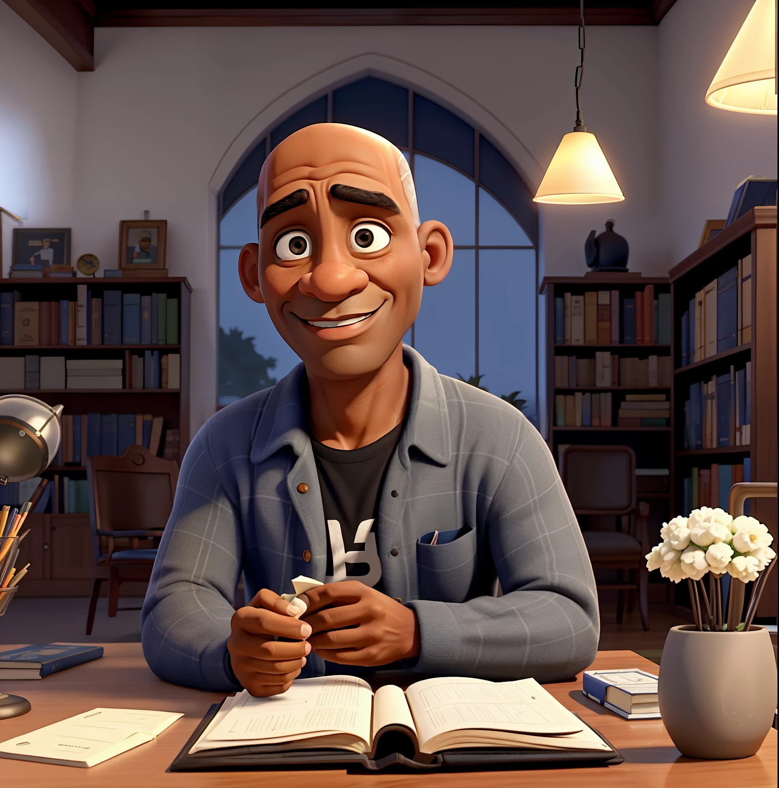 homem negro de 50 anos, careca, in a library space with reading desks, estantes de livro moveis de estudos, Chandeliers in perfect high lighting.