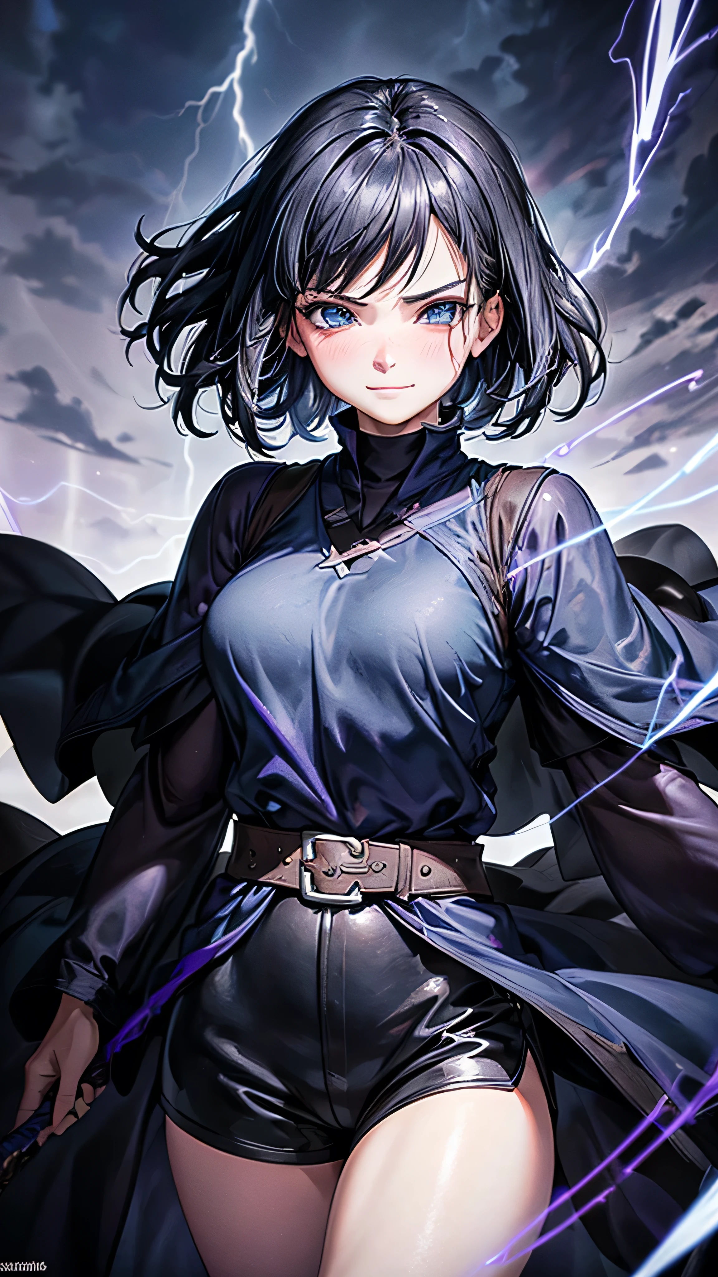 1girl, highly detailed, masterpiece, best quality, correct hands, short black hair, short hair, blue eyes, ((black robes, black pants, blue shirt, purple vest)) medium breasts, defined curves, blushing, smug smile, satisfied look, mountain background, storm, lightning, holding sword, floating, flying, stormy atmosphere, surrounded by lightning, static sparks