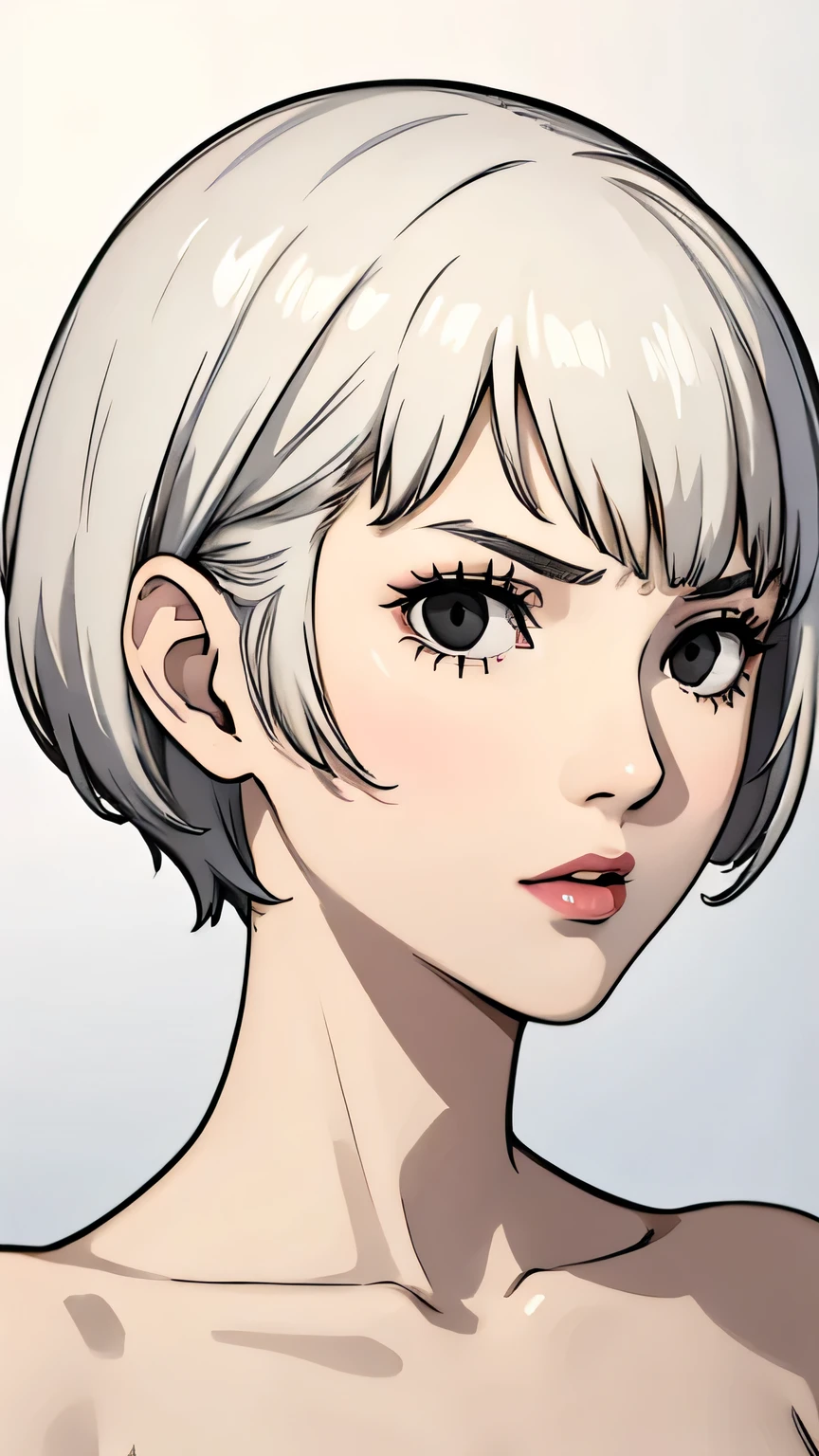 1girl, serious face, lipstick, very Short hair, white hair, black eyes, portrait, nude,