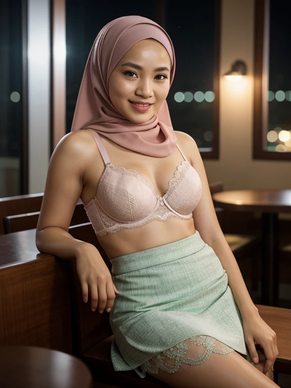 2 Matured malay women seat and seducing in the cafe , wearing hijab with lace bra and platted short skirt, smiling, matured, 40 years old, perfect body, matured body, detail skin texture, professional lighting, bokeh, nighttime, soft lighting, blur background, portrait photography, medium shot, 35mm lense, Over-the-shoulder shot, pastel color grading, depth of field cinematography, western film style, high quality, ultra detail, 8k resolution