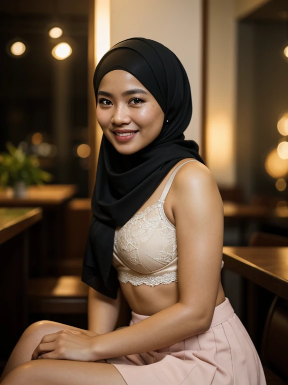 2 Matured malay women seat and seducing in the cafe , wearing hijab with lace bra and platted short skirt, smiling, matured, 40 years old, perfect body, matured body, detail skin texture, professional lighting, bokeh, nighttime, soft lighting, blur background, portrait photography, medium shot, 35mm lense, Over-the-shoulder shot, pastel color grading, depth of field cinematography, western film style, high quality, ultra detail, 8k resolution