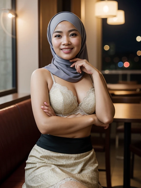 2 d malay women seat and seducing in the cafe , wearing hijab with lace bra and platted short skirt, smiling, matureyears old, perfect body, matured bodyil skin texture, professional lighting, bokeh, nighttime, soft lighting, blur background, portrait photography, medium shot, 35mm lense, Over-the-shoulder shot, pastel color grading, depth of field cinematography, western film style, high quality, ultra detail, 8k resolution