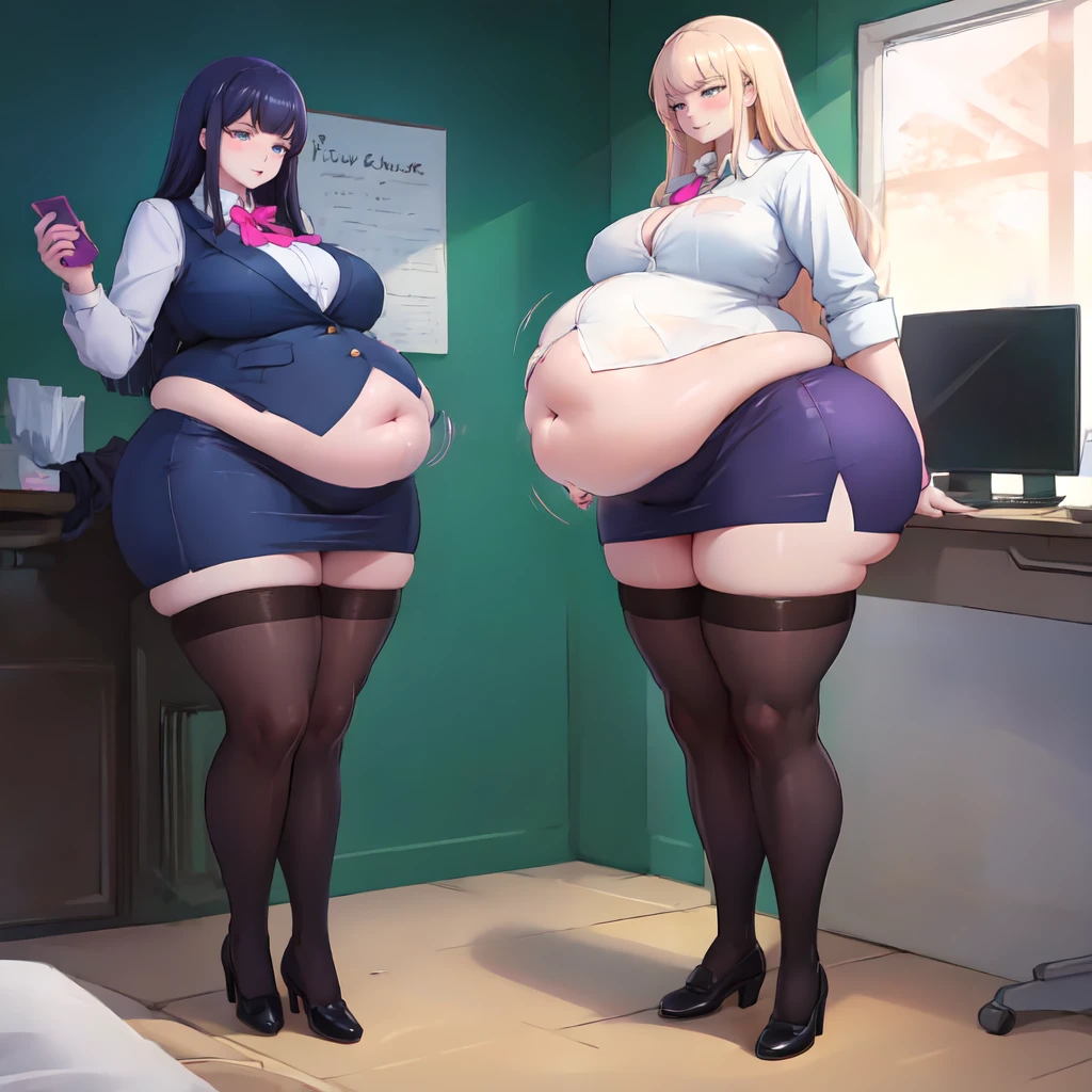 High quality, best quality, wallpaper, full body photo of a beautiful sexy motherly secretary wearing extremely skimpy short skirt and seamed stockings, standing exactly, ((solo)), adult, in the office, high heels, craves sex, horny, steamy, massive bloated stuffed bulging heavy obese belly, tight clothes, long hair, overflowing from clothes, panties visible under skirt, she’s binge eating, extreme weight gain, revealing skirt, massive fat breasts, wide fat hips, deep navel, strained shirt buttons, cameltoe, massive fat round wide heart shaped bubble butt, she’s fallen in love with you, beautiful face, stunning eyes, luscious long hair, heart warming smile, high clarity, clear face, her coworkers are making her fatter, popped shirt buttons, ripped skirt, too fat for her clothes, skin tight clothes, clothes two sizes too small, complete wardrobe failure,