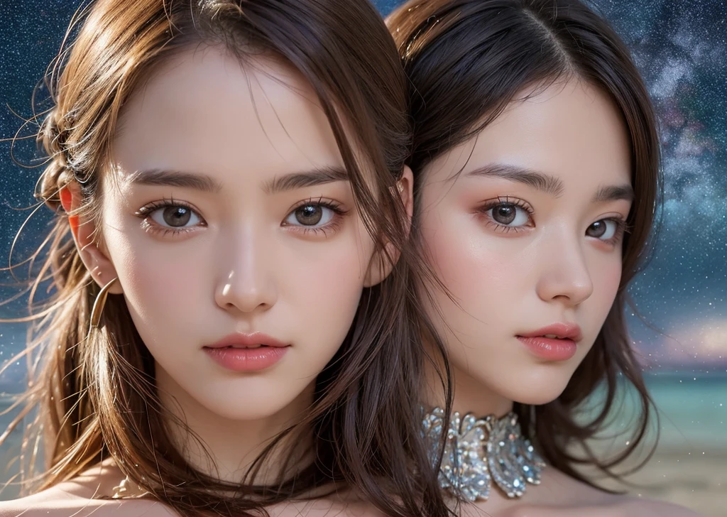 highest quality, Realistic, Realistic, Very detailed, Very delicate and beautiful, RAW Photos, Professional Lighting, Facial lighting, Depth of written boundary, Single Focus, whole body, 20-year-old woman, (night, Beach, Starry Sky: 1.4), Brown Hair, Brown eyes, Small head, Stylish girl, Beautiful Eyes, True Face, Real Skin, Realistic Face, Realistic Skin, Fine grain, Detailed facial features, Detailed clothing features, (Fashion clothes: 1.3 ), (Fashion Hairstyles: 1.3) Dynamic pose, View your viewers, Detailed face and chest, (Purelos Face_v1:0.33), (Ulzzang-6500:0.33),