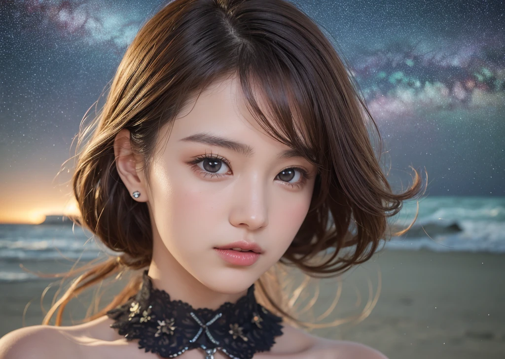 highest quality, Realistic, Realistic, Very detailed, Very delicate and beautiful, RAW Photos, Professional Lighting, Facial lighting, Depth of written boundary, Single Focus, whole body, 20-year-old woman, (night, Beach, Starry Sky: 1.4), Brown Hair, Brown eyes, Small head, Stylish girl, Beautiful Eyes, True Face, Real Skin, Realistic Face, Realistic Skin, Fine grain, Detailed facial features, Detailed clothing features, (Fashion clothes: 1.3 ), (Fashion Hairstyles: 1.3) Dynamic pose, View your viewers, Detailed face and chest, (Purelos Face_v1:0.33), (Ulzzang-6500:0.33),