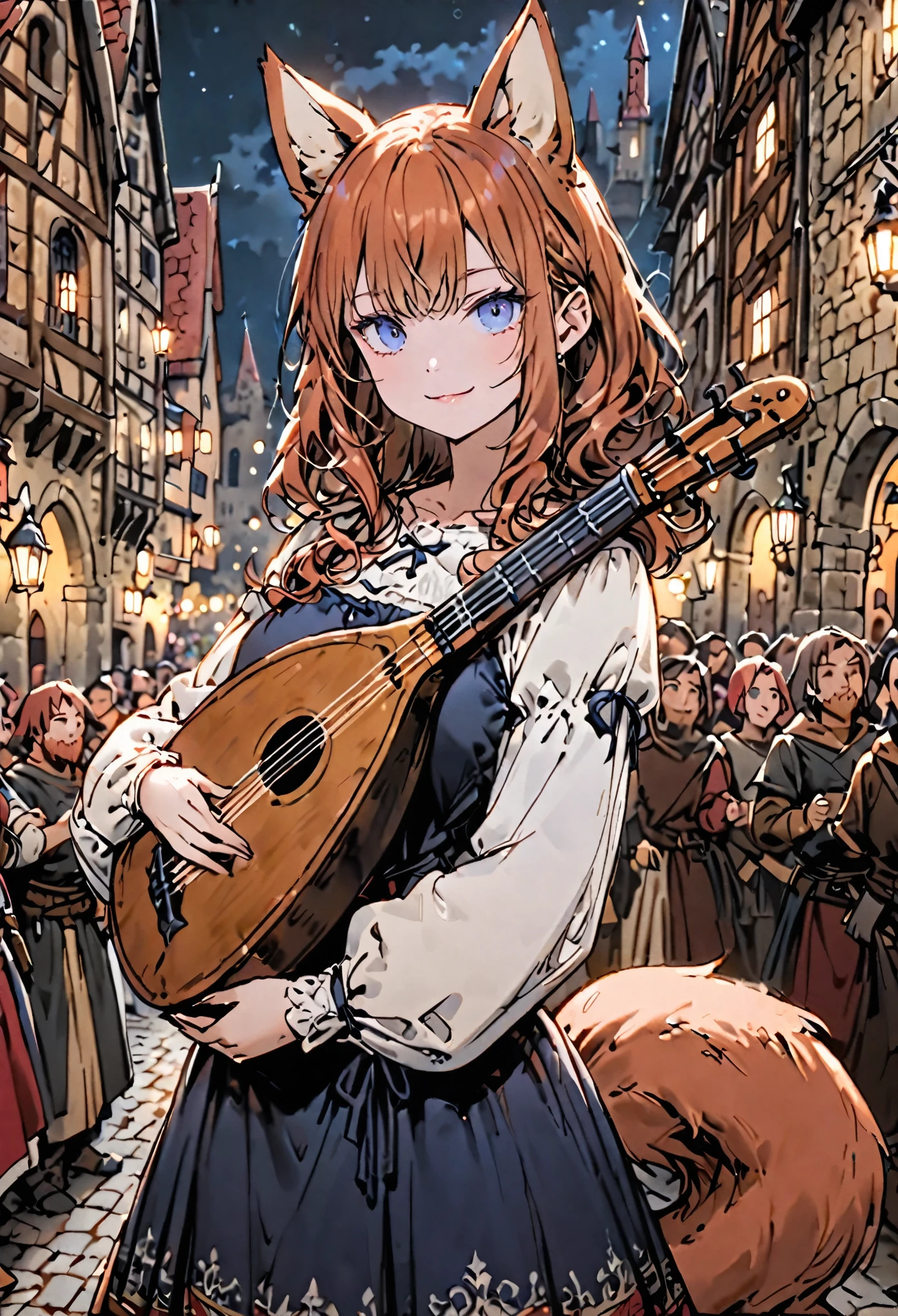 solo, female, sfw, fox ears, curly auburn hair, blue eyes, playing lute, wink, friendly smile, puffy shirt, medieval, crowd, plaza, outdoors, night, medium shot