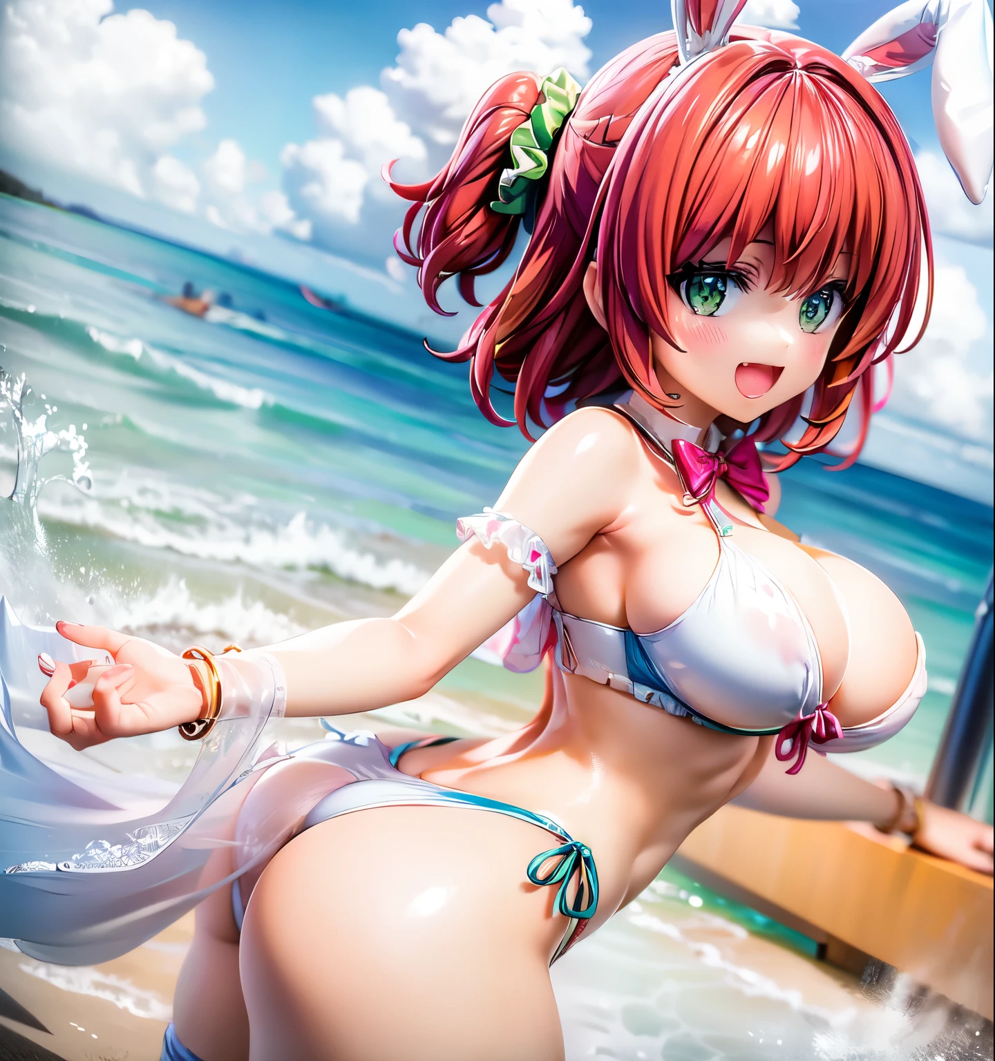 best quality, masterpiece, extremely detailed CG, official art , professional lighting, detailed background, sakimiyairuka, red hair, green eyes, one side up, medium hair, green scrunchie, hair ornament, gleaming skin, big breasts, big ass, playboy bunny,(black pantyhose, bowtie, wrist cuffs)