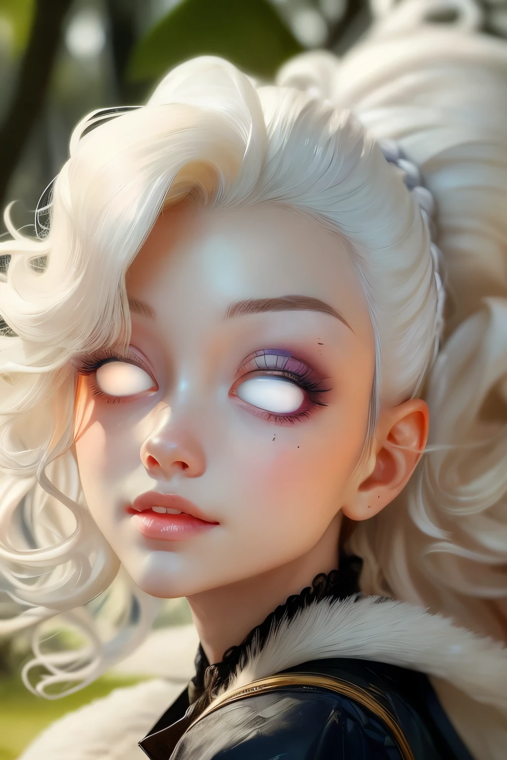 (This is a beautiful fantasy image that feels interesting.) Generate a pretty magical (((blind))) woman with colorful curly hair and milky white eyes. Her face is important should be perfectly formed with puffy lips and perfect features. (Her eyes are important and are blank white and solid white.) Her clothing is colorful and has all the colors of the rainbow, giving the appearance of a rainbow. Utilize dynamic composition to create a compelling and interesting image that appeals to viewers. She has an unmarked face. Use dramatic lighting and cinematic lighting to enhance the overall quality of the image. Fantasy, cute, colorful, compelling, energetic, (shirome eyes:1.3), (smirking), ((no pupils)), ((no irises)), ((((blank eyes, empty eyes)))), (perfectly rendered solid whiteeyes), ((normal neck)), short neck