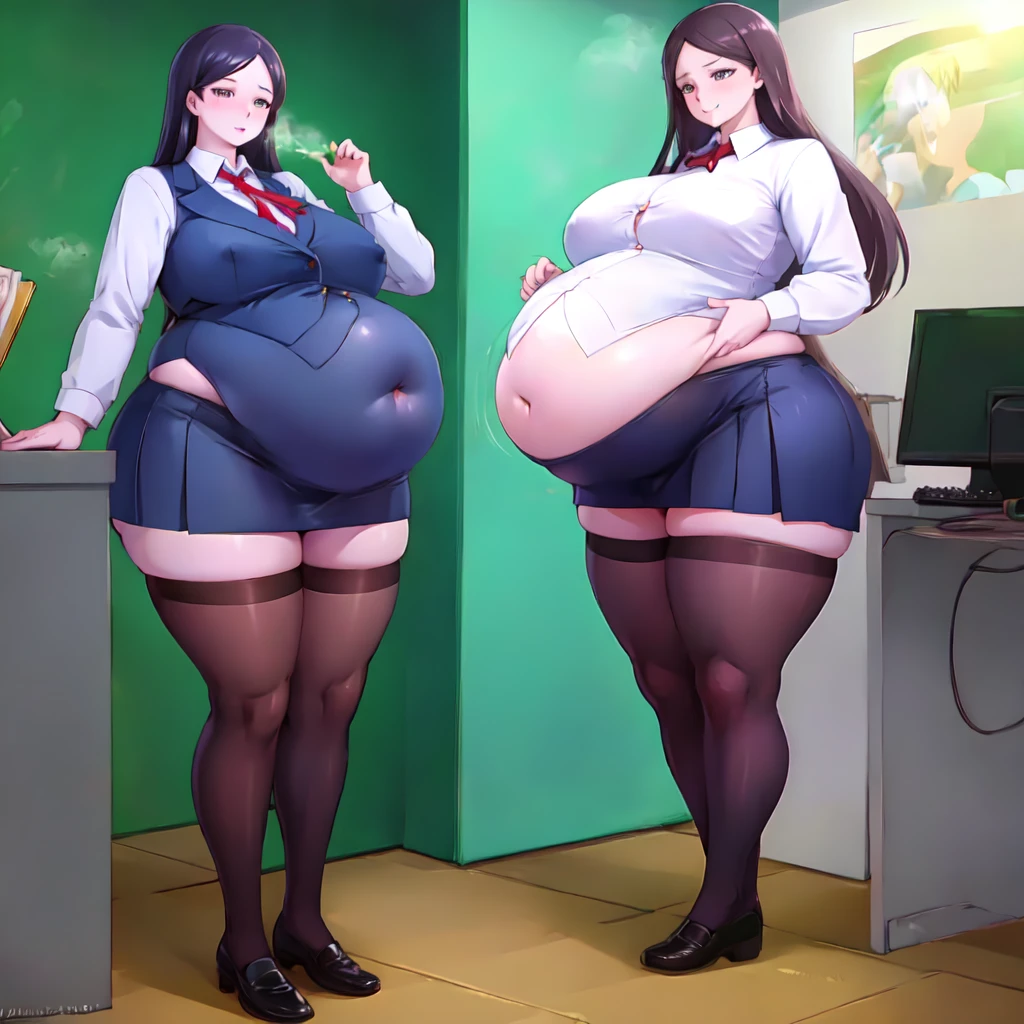 High quality, best quality, wallpaper, full body photo of a beautiful sexy plump very motherly secretary wearing extremely skimpy short skirt and seamed stockings, standing exactly, ((solo)), adult, in the office, high heels, craves sex, horny, steamy, massive bloated stuffed bulging heavy obese belly, tight clothes, long hair, overflowing from clothes, visible panties, she’s binge eating, extreme weight gain, revealing skirt, massive fat breasts, wide fat hips, deep navel, strained shirt buttons, cameltoe, massive fat round wide heart shaped bubble butt, she’s fallen in love with you, beautiful face, stunning eyes, luscious long hair, heart warming smile, high clarity, clear face, her coworkers are making her fatter, popped shirt buttons, ripped skirt, too fat for her clothes,