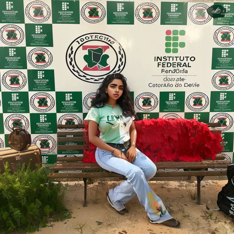 mulher arafa sentada em um banco em frente a uma parede com um logotipo, em pif, foto frontal, 🤬 🤮 💕 🎀, Andreia Rocha, fernanda suarez, looks like fabiula nascimento, Portraiit, pastel', Julia Fontes, inspirado em Olivia Peguero, sentado casualmente, 👰 🏇 ❌ 🍃