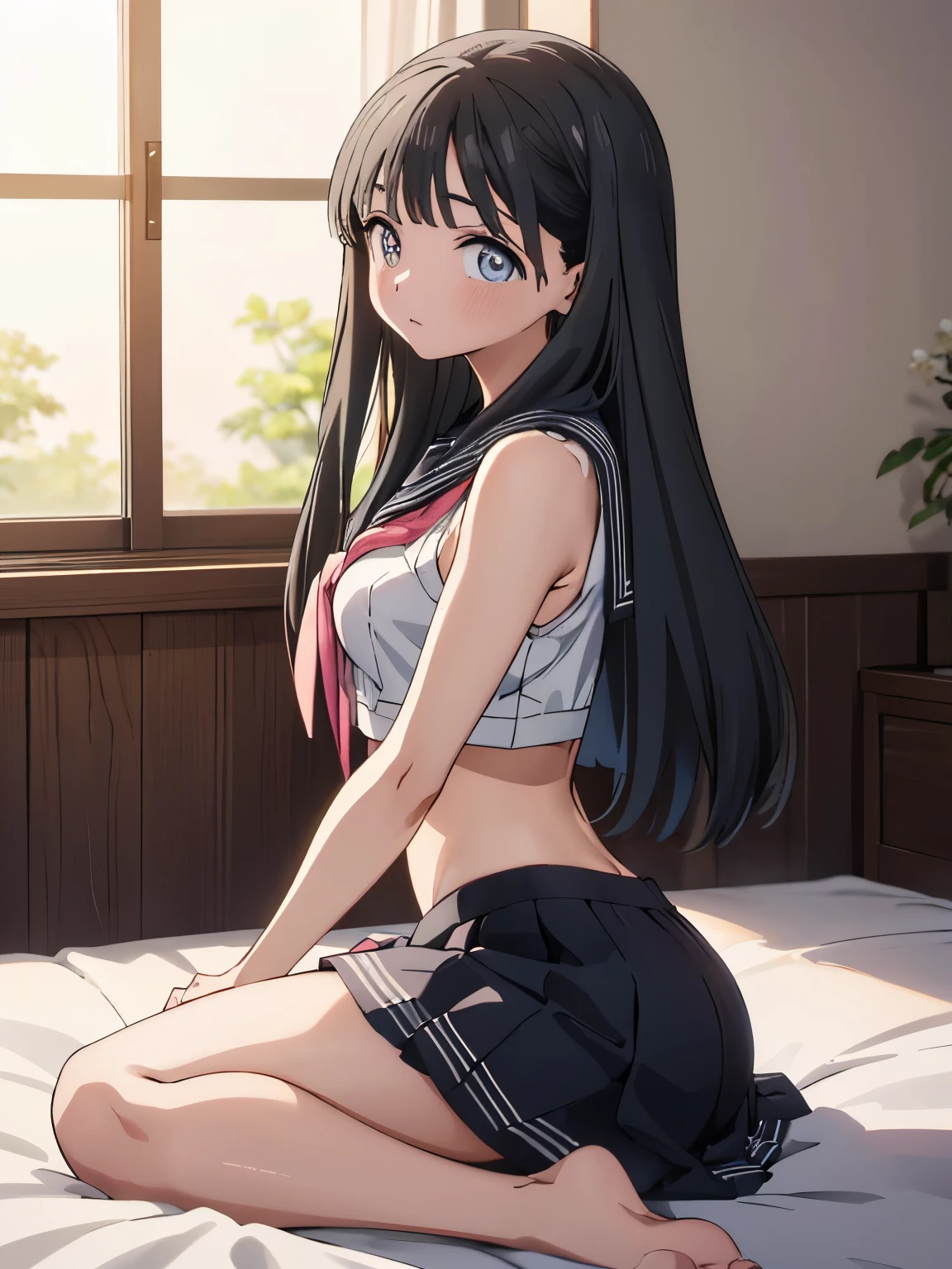 High resolution、(dark tan skin),perfect anatomy、8ｋ、masterpiece、15 year old student、full body esbian、Futomo、Kamimei、check pleated skirt、off shoulder、laughter、Panty shot、Emphasize the lines of pants、knee high boots、sexy white panties、Takina Inoue、Smile at you, 