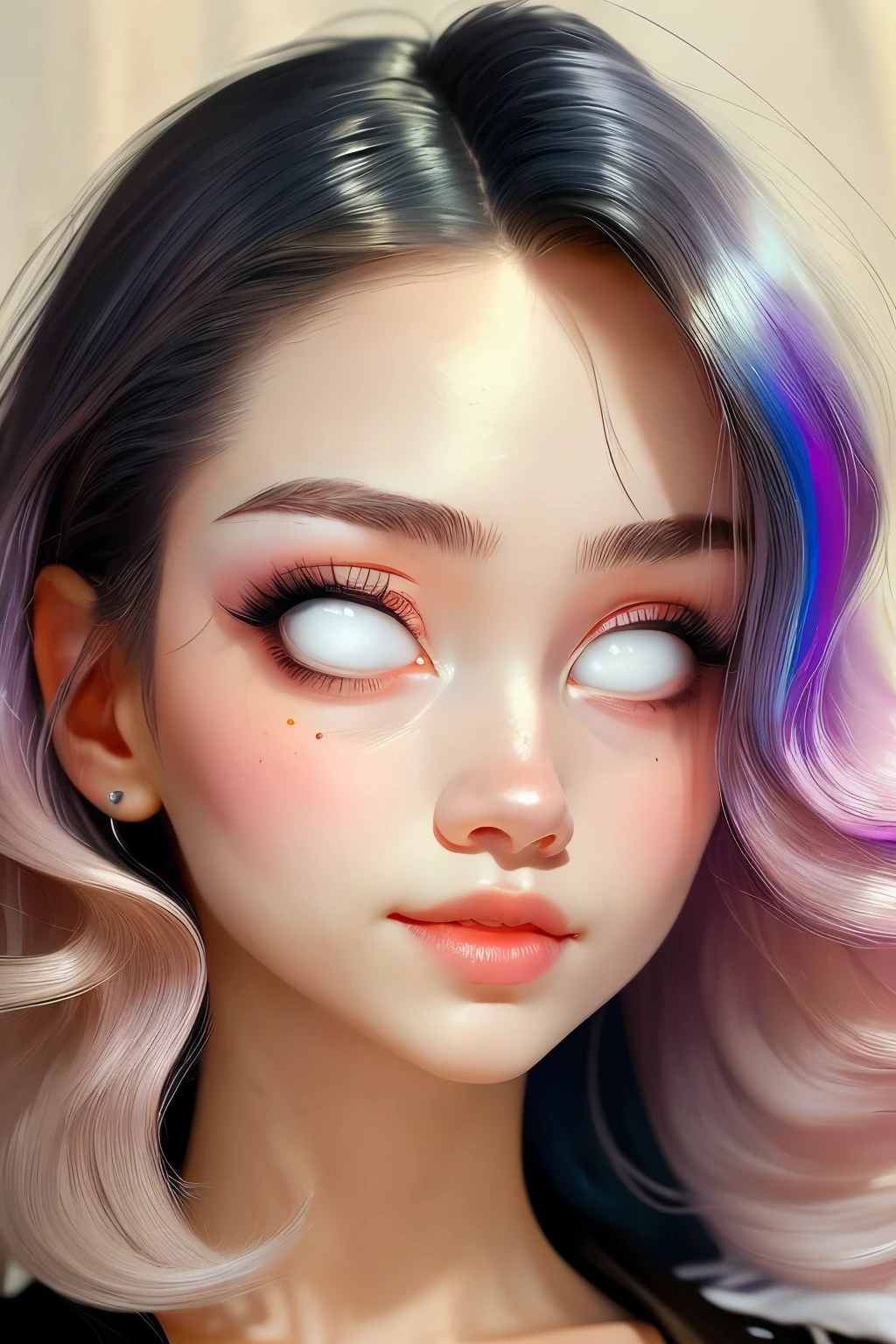 (This is a beautiful fantasy image that feels interesting.) Generate a pretty magical (((blind))) woman with colorful curly hair and milky white eyes. Her face is important should be perfectly formed with puffy lips and perfect features. (Her eyes are important and are blank white and solid white.) Her clothing is colorful and has all the colors of the rainbow, giving the appearance of a rainbow. Utilize dynamic composition to create a compelling and interesting image that appeals to viewers. She has an unmarked face. Use dramatic lighting and cinematic lighting to enhance the overall quality of the image. Fantasy, cute, colorful, compelling, energetic, (shirome eyes:1.3), (smirking), ((no pupils)), ((no irises)), ((((blank eyes, empty eyes)))), (perfectly rendered solid whiteeyes), ((normal neck)), short neck