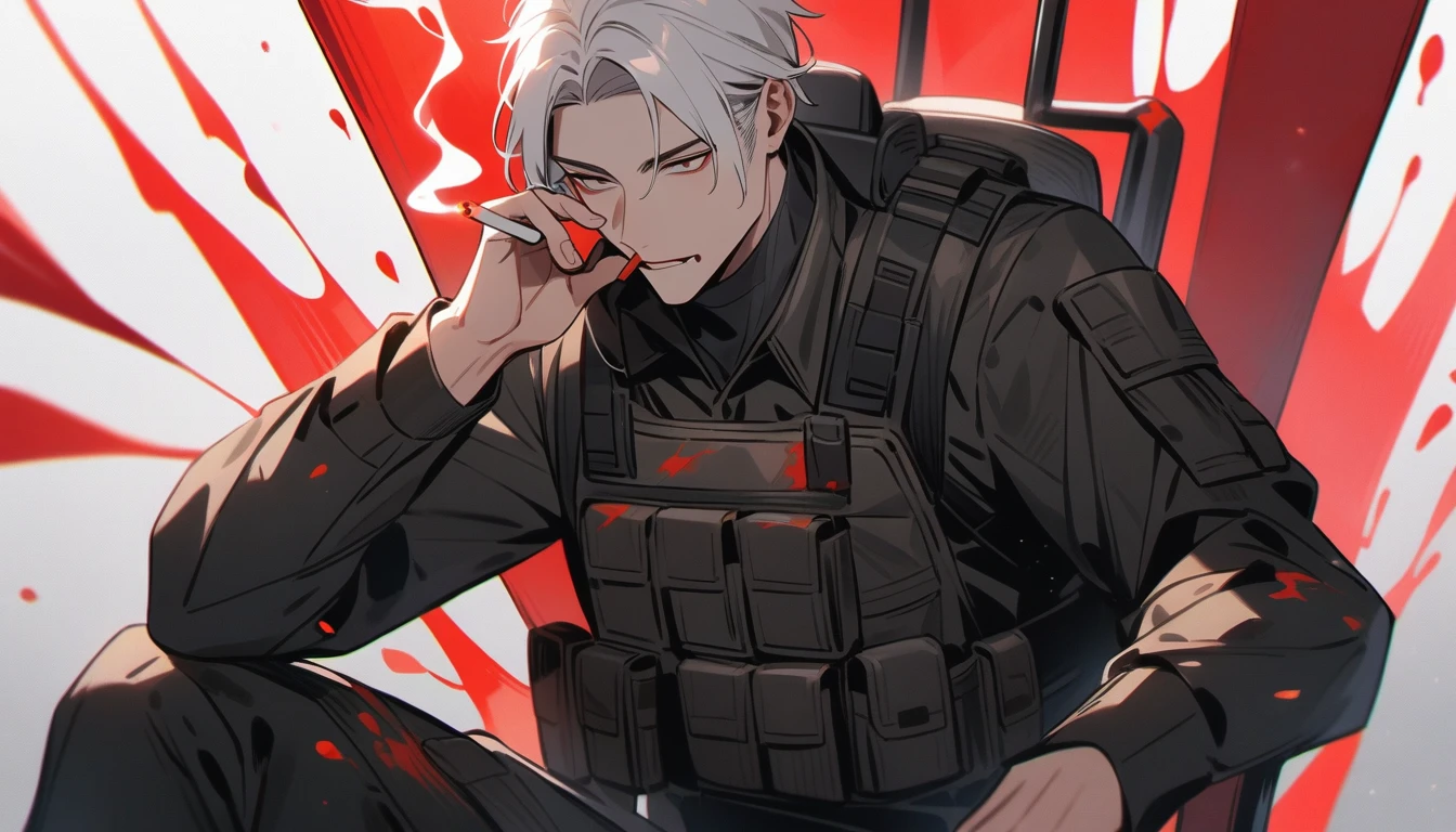 A handsome white-haired man sitting on a chair dressed in black military tactical clothing and equipment that is full of spilled red paint that looks like blood while smoking a cigarette