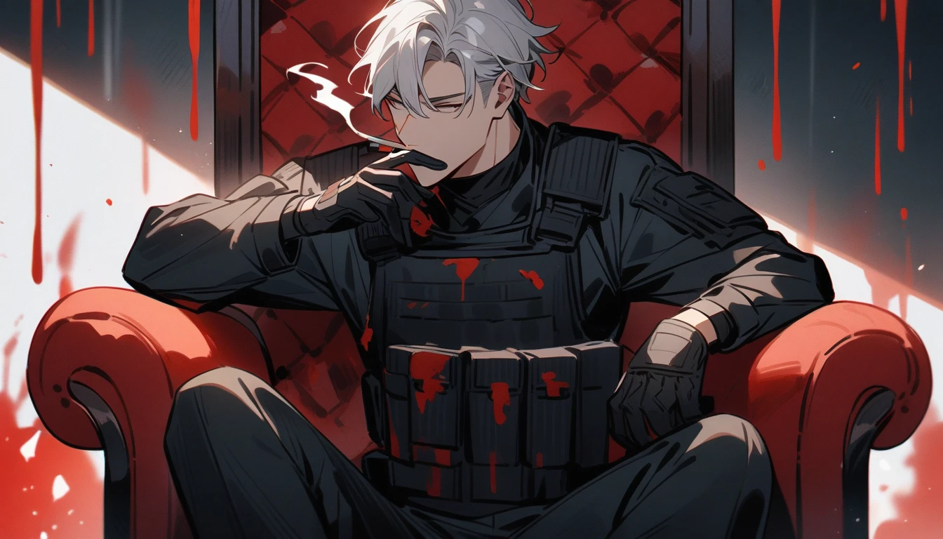 A handsome white-haired man sitting on a chair dressed in black military tactical clothing and equipment that is full of spilled red paint that looks like blood while smoking a cigarette