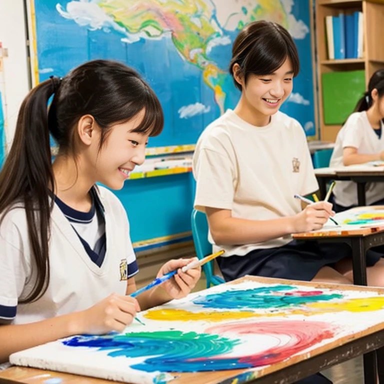 Two smiling Japanese high school students、Painting like a painter in the art room、Painting with a brush、ponytail、Sitting and drawing、The place is the art room