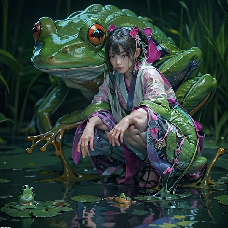 (highest quality、4k、8k、High resolution、masterpiece: 1.2)、Super detailed、(Real、Photorealistic、Photorealistic: 1.37)、Full Body Portrait、media: Fantasy、Horror、ダーク Fantasy、Creatures、ハイブリッド Creatures、(Anatomically correct fingers: 1.4 )、(The upper body of a beautiful young woman)and((A hybrid creature with the lower body of a frog: 1.5))、(Squats with legs open:1.5)、Visualization of mythical creatures、yukata、At night in the swamp、Dark atmosphere、Dim color、Spooky lighting、looking at the camera