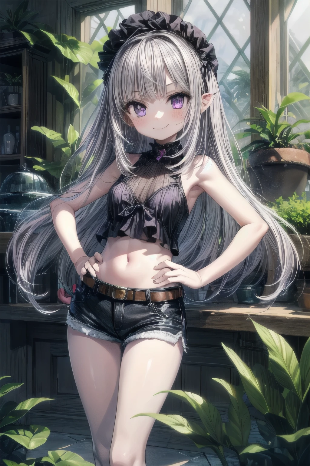 ((12 years old)), (1girl), cute young girl, BREAK, (smug face:1.3), (Beautiful purple eyes:1.5), ((Dwarf girl)), (small breast), slender waist, (loose blunt bangs), Shiny unruly hair, long hair, ((beautiful pale silver hair)), wearing tanktop and short shorts, ((Masterpiece)), ((best quality)), (super detail), (intricate details), (High Definition:1.3), (Professional Photography:1.2), ((absurdres)), ((very aesthetic)), BREAK, 🌈, place hand on hip, (palace giant greenhouse), gardens, fountains, tropical plants, ((best quality)), ((very aesthetic)),