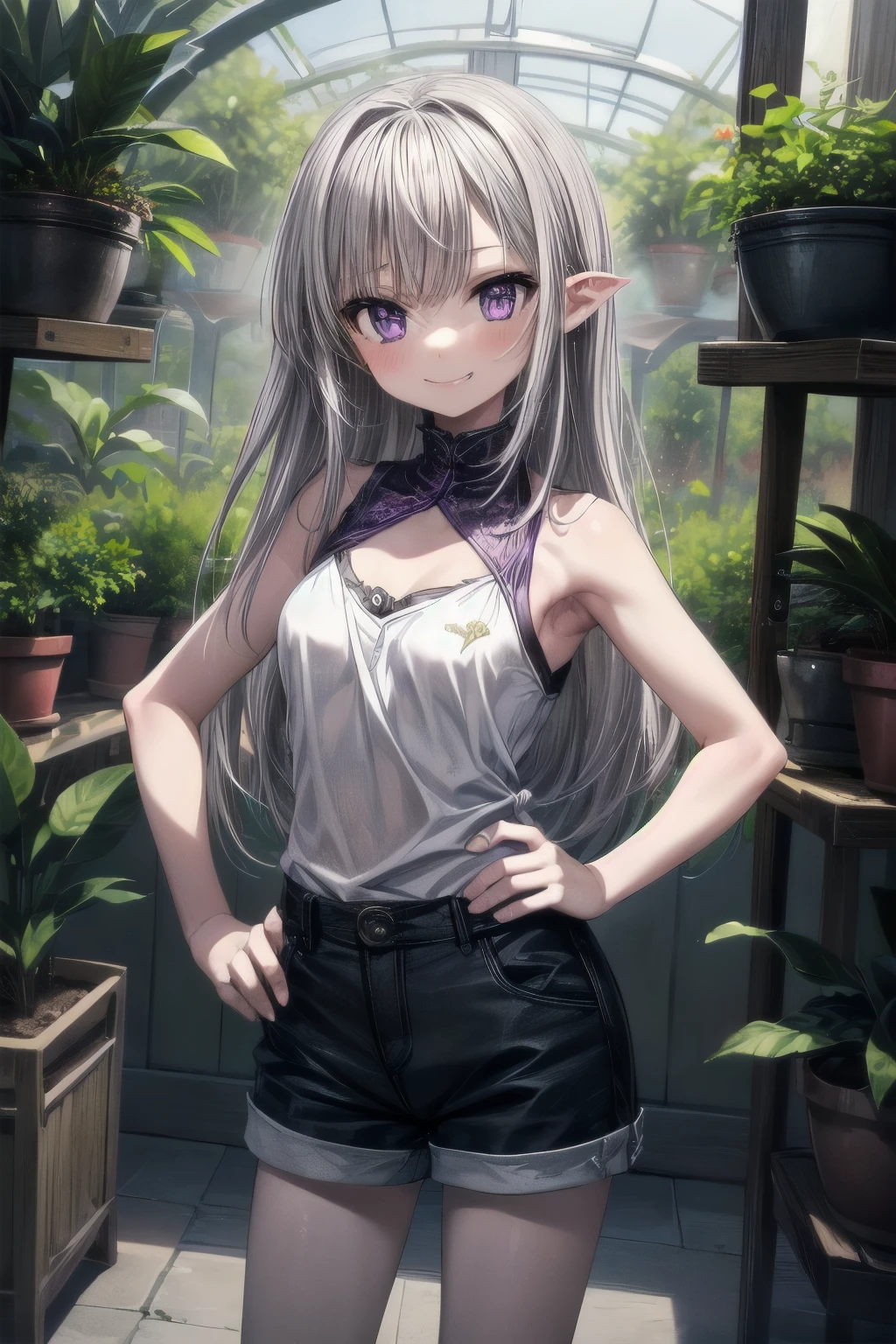 (()), (1girl), cute young girl, BREAK, (smug face:1.3), (Beautiful purple eyes:1.5), ((Dwarf girl)), (small breast), slender waist, (loose blunt bangs), Shiny unruly hair, long hair, ((beautiful pale silver hair)), wearing tanktop and short shorts, ((Masterpiece)), ((best quality)), (super detail), (intricate details), (High Definition:1.3), (Professional Photography:1.2), ((absurdres)), ((very aesthetic)), BREAK, 🌈, place hand on hip, (palace giant greenhouse), gardens, fountains, tropical plants, ((best quality)), ((very aesthetic)),